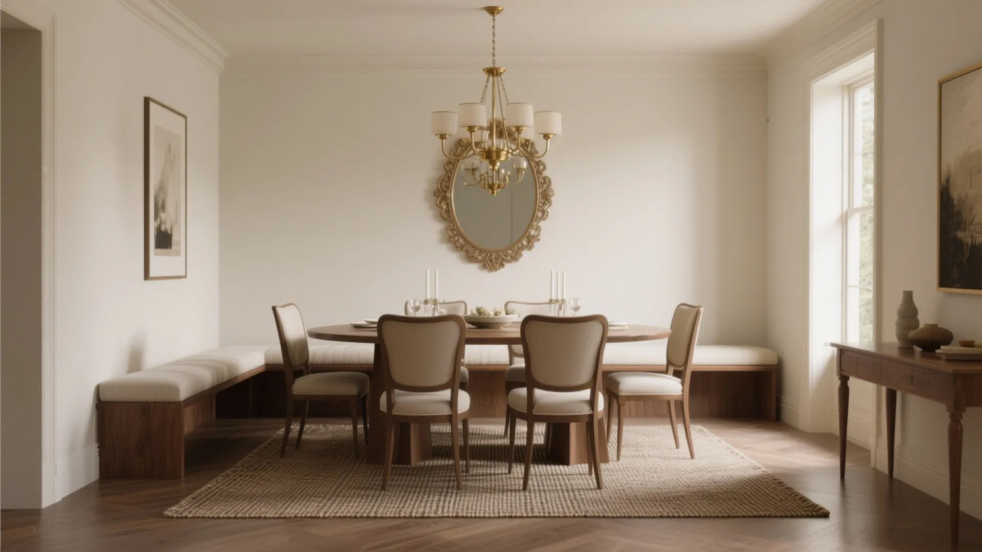 Elegant dining room with round wooden table gold ceiling light wall mirror and built-in bench