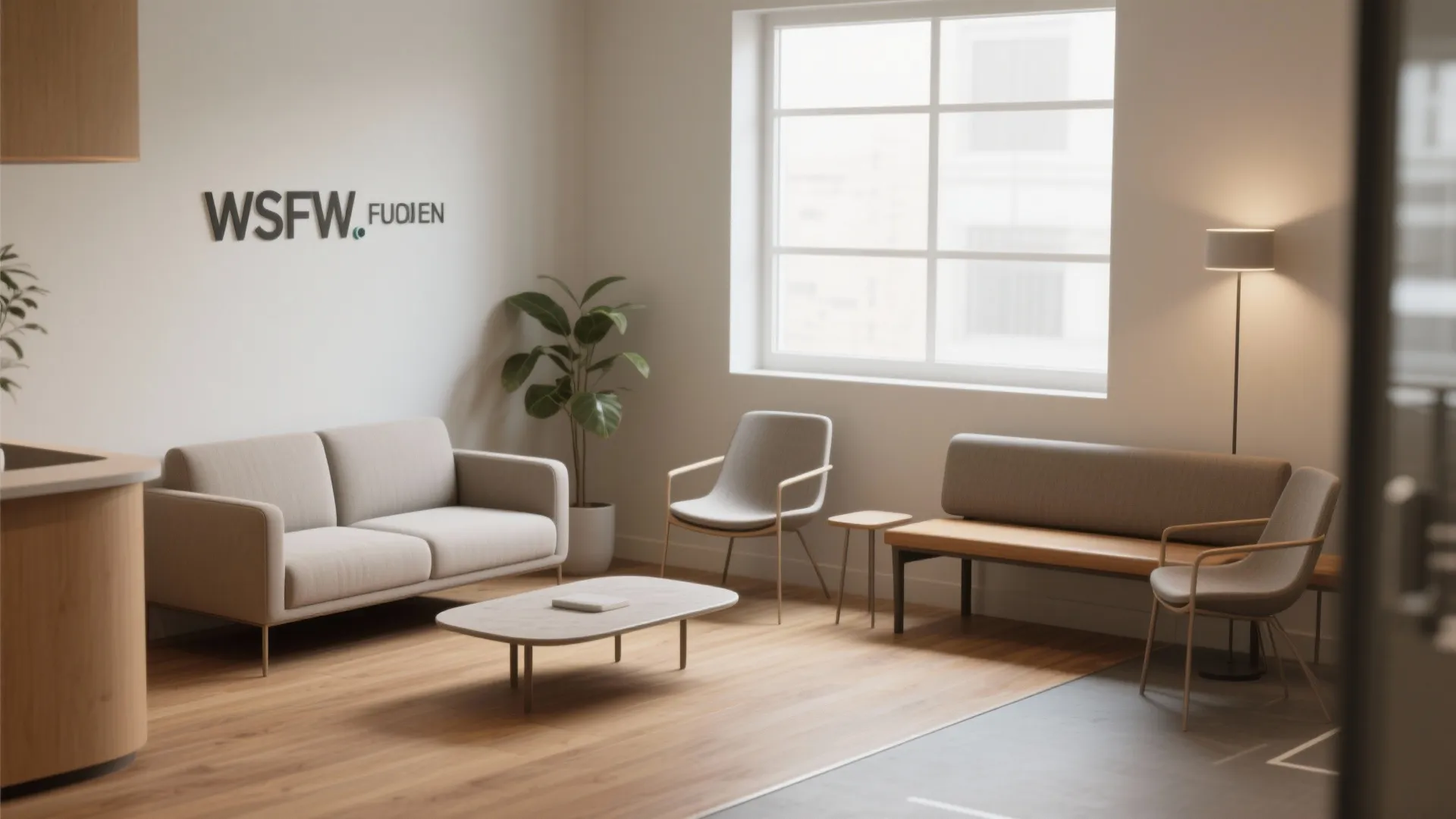 Modern office waiting area with grey sofa wooden floor big window light fixture and green plant