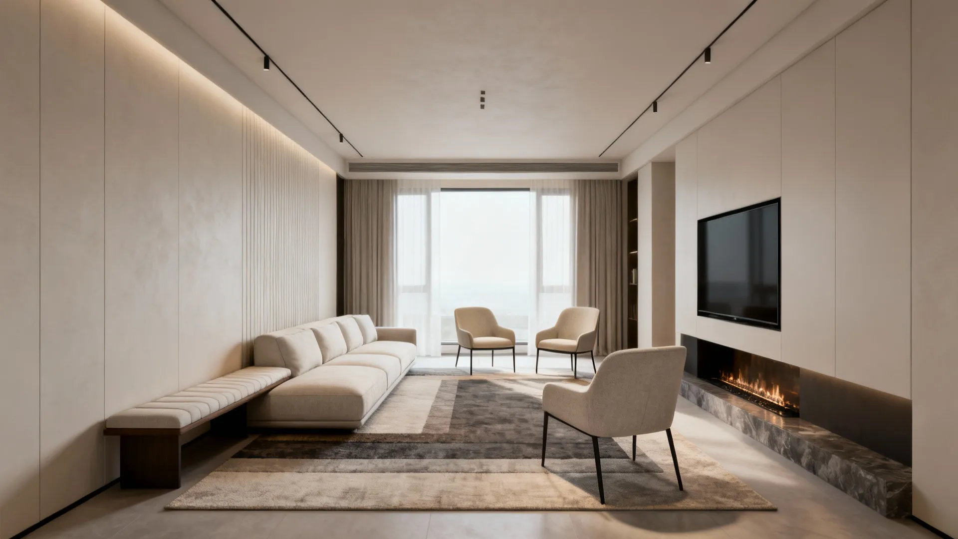 Modern living room with large rug beige sofa three armchairs and TV above warm fireplace