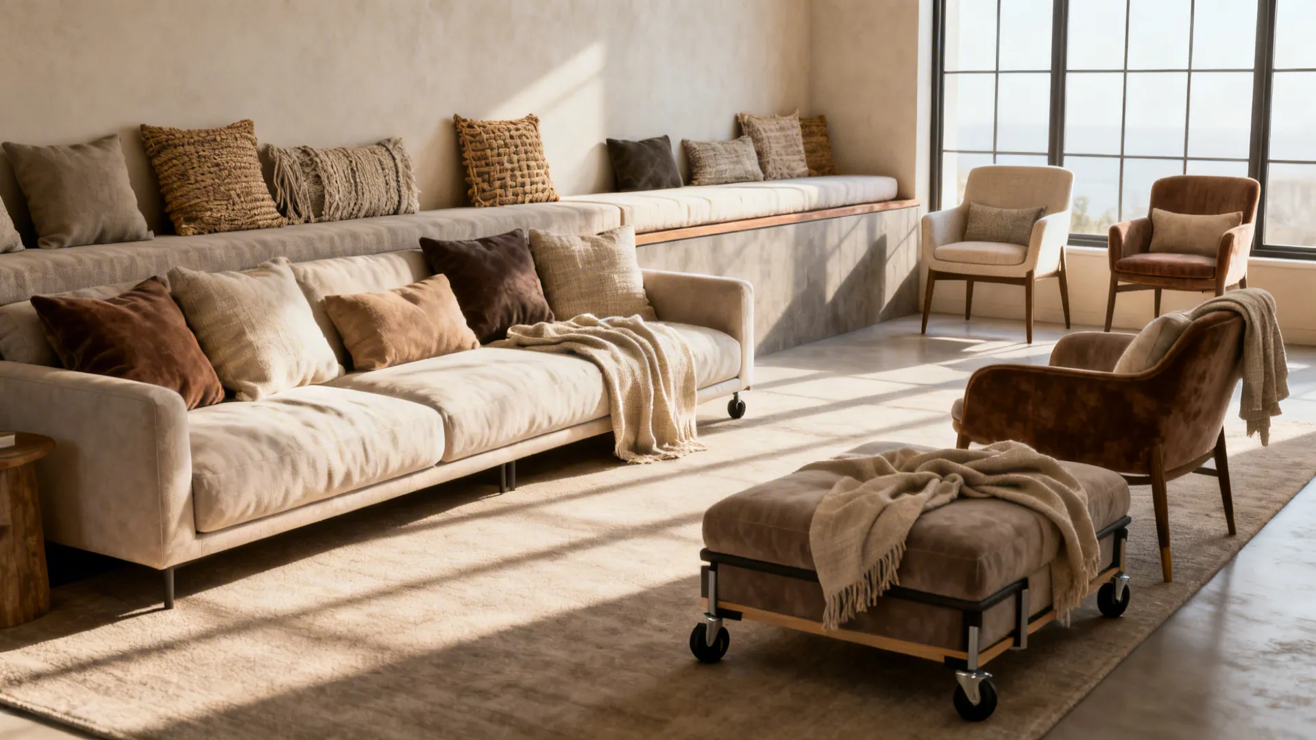 Cozy living room with beige sofa, brown pillows, footrest, chairs, and cushioned wall bench seating