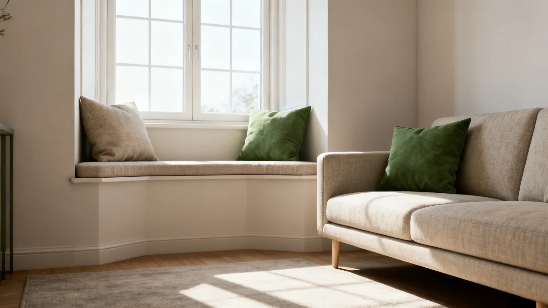 Shallow bay window seat paired with a narrow two-seater sofa facing it in a small living room.