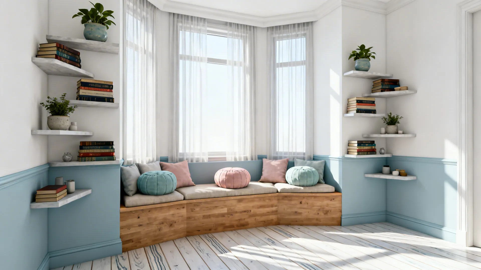 Bay window social corner with low bench, poufs, and staggered floating shelves holding books and plants