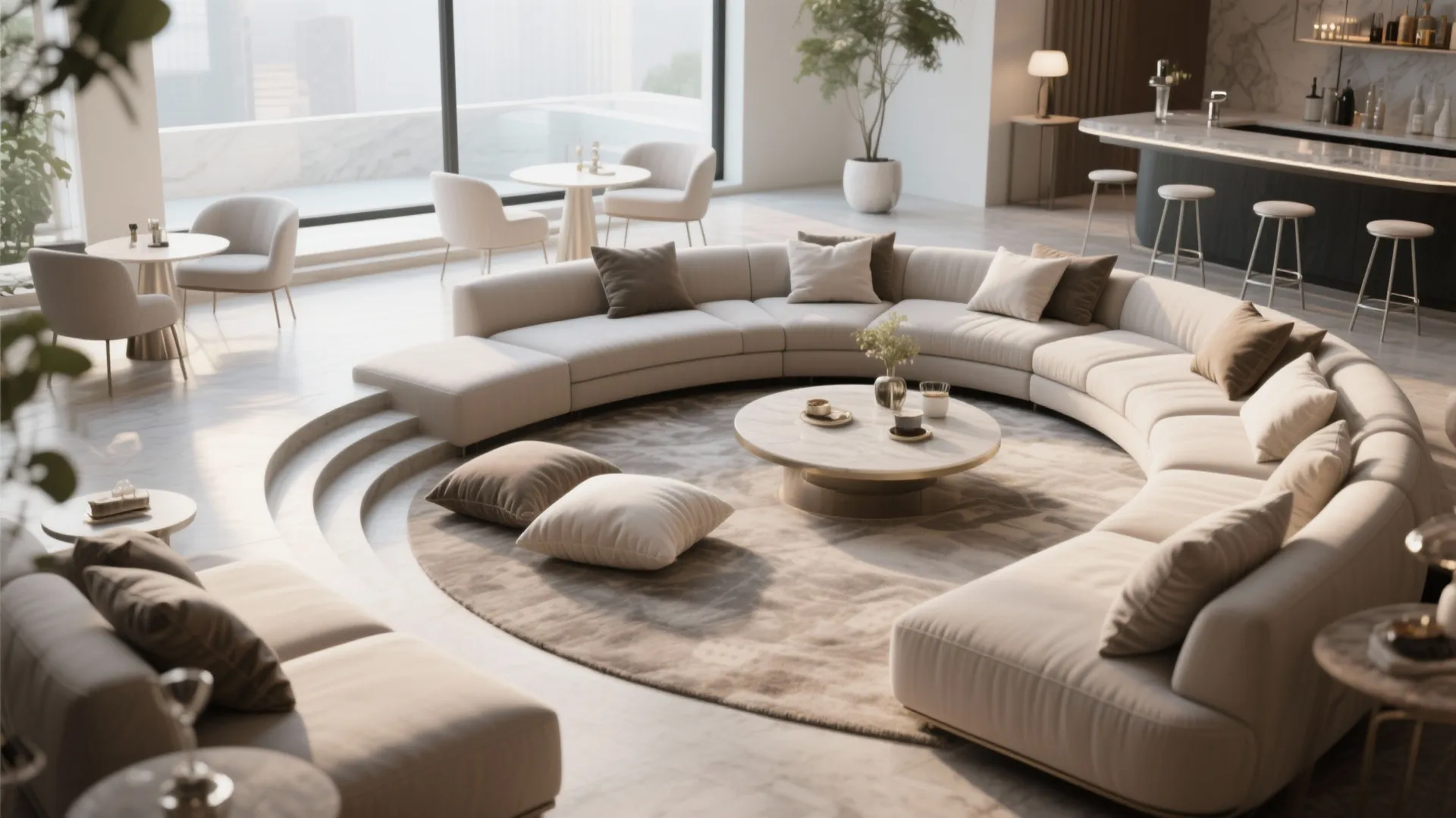 Lounge with layered seating including sofa, pit, and floor cushions