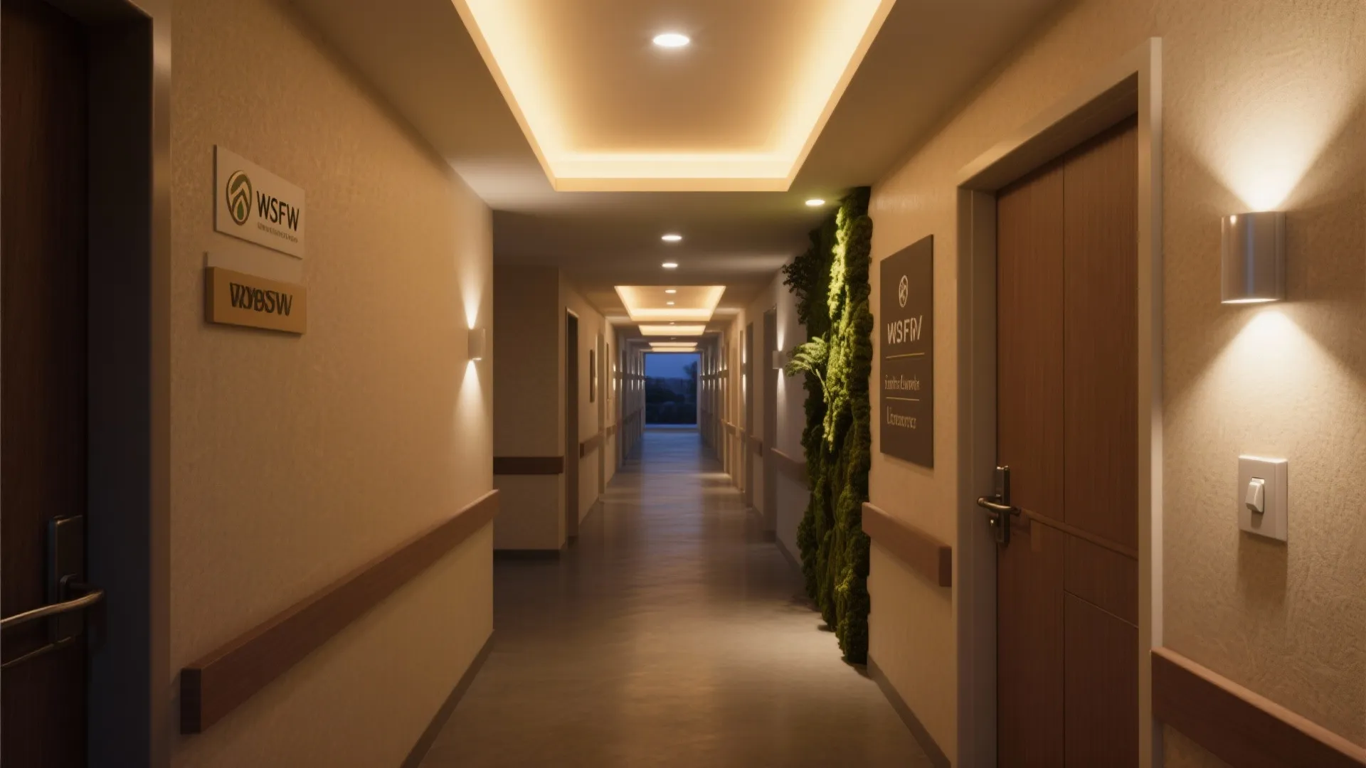 Long well lit hallway with wall lights ceiling lights wooden handrails and a vertical green plant