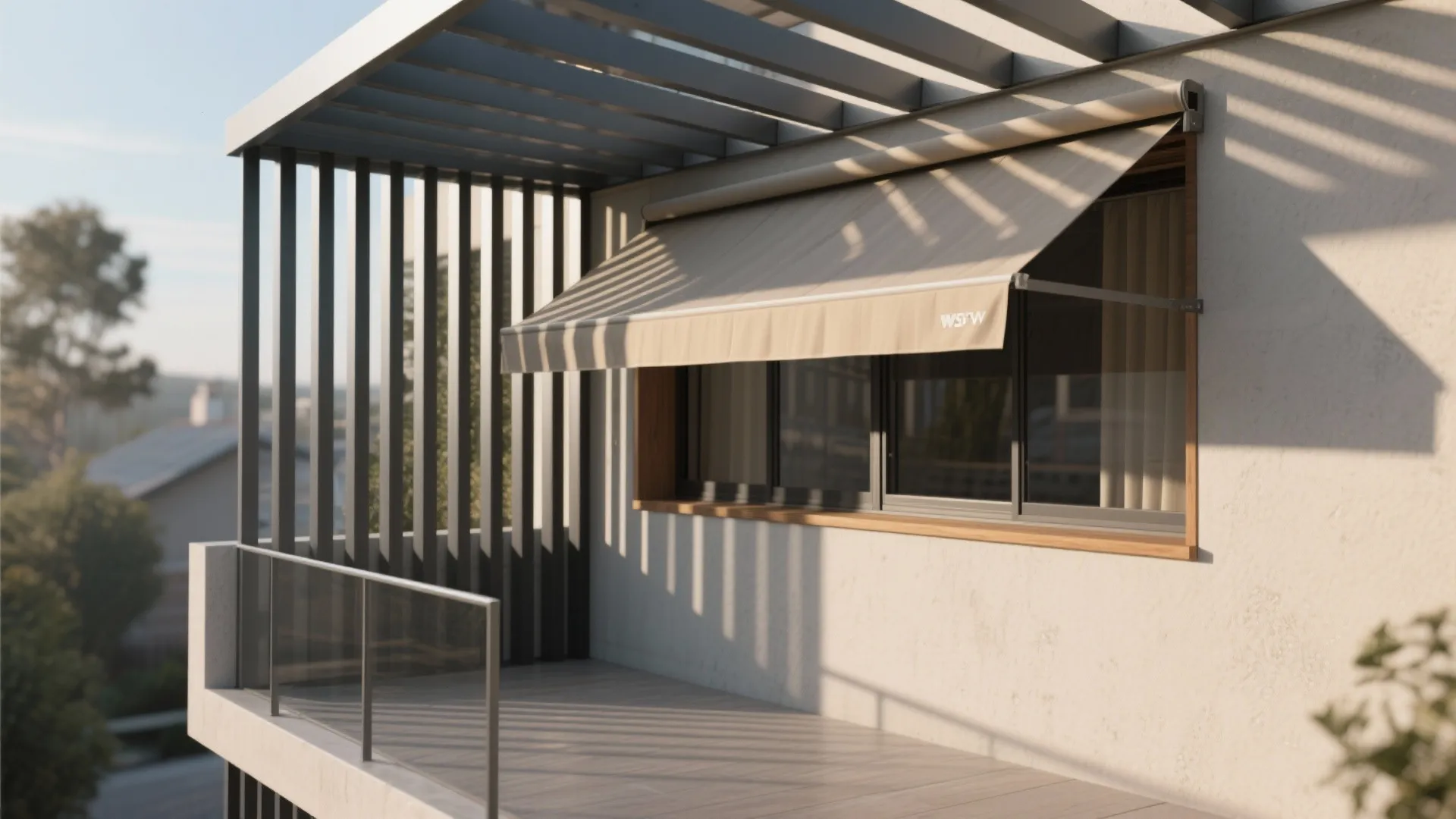 Modern balcony featuring a beige window awning, glass railing, wooden floor, and grey metal roof