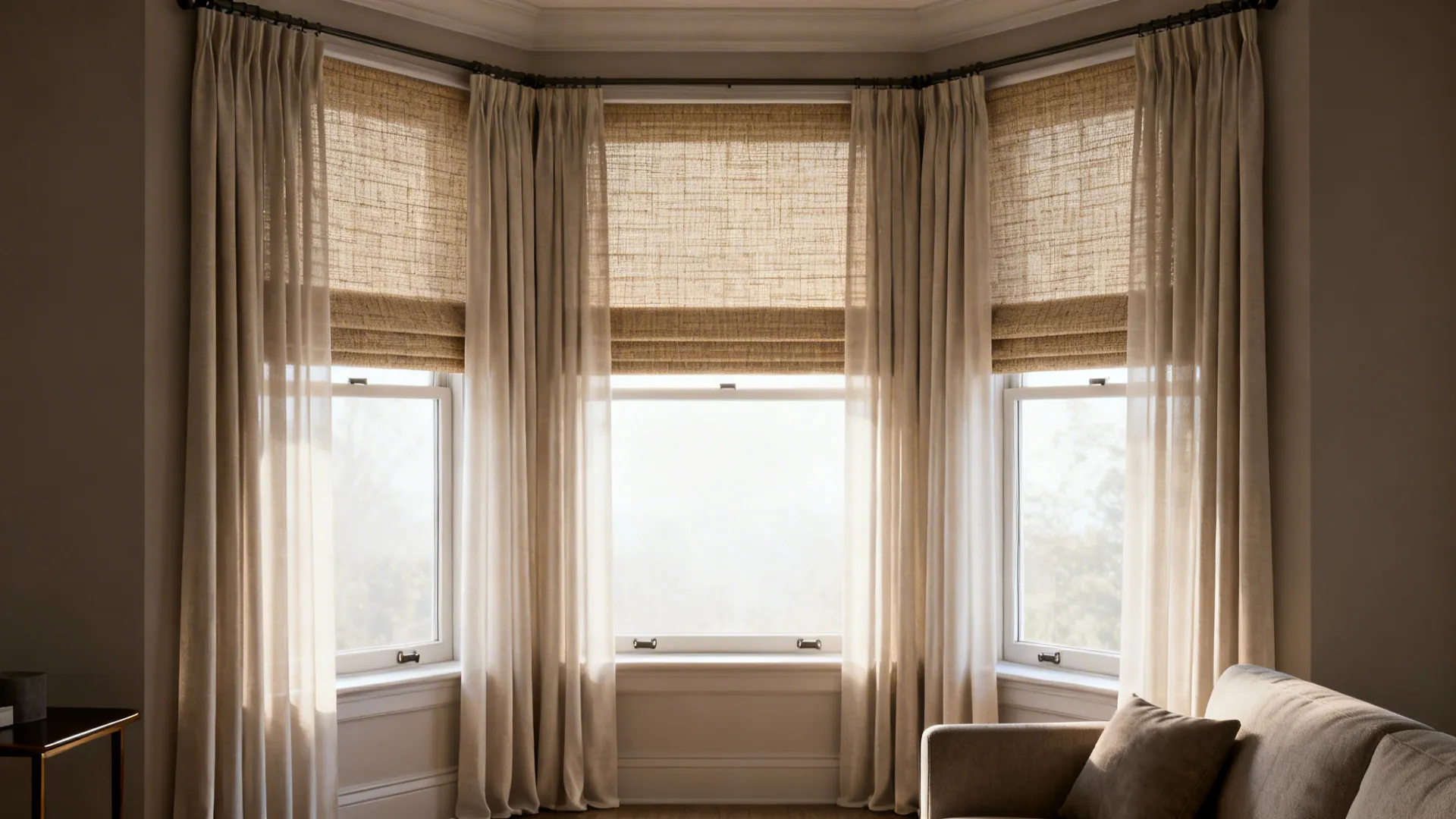 Bright bay window with layered brown curtains and light brown blinds in a living room