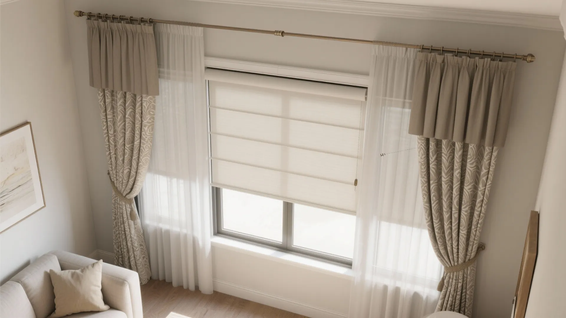 Top-down view showing inside-mounted shade behind and outside-mounted curtains with clear stack-back zones.