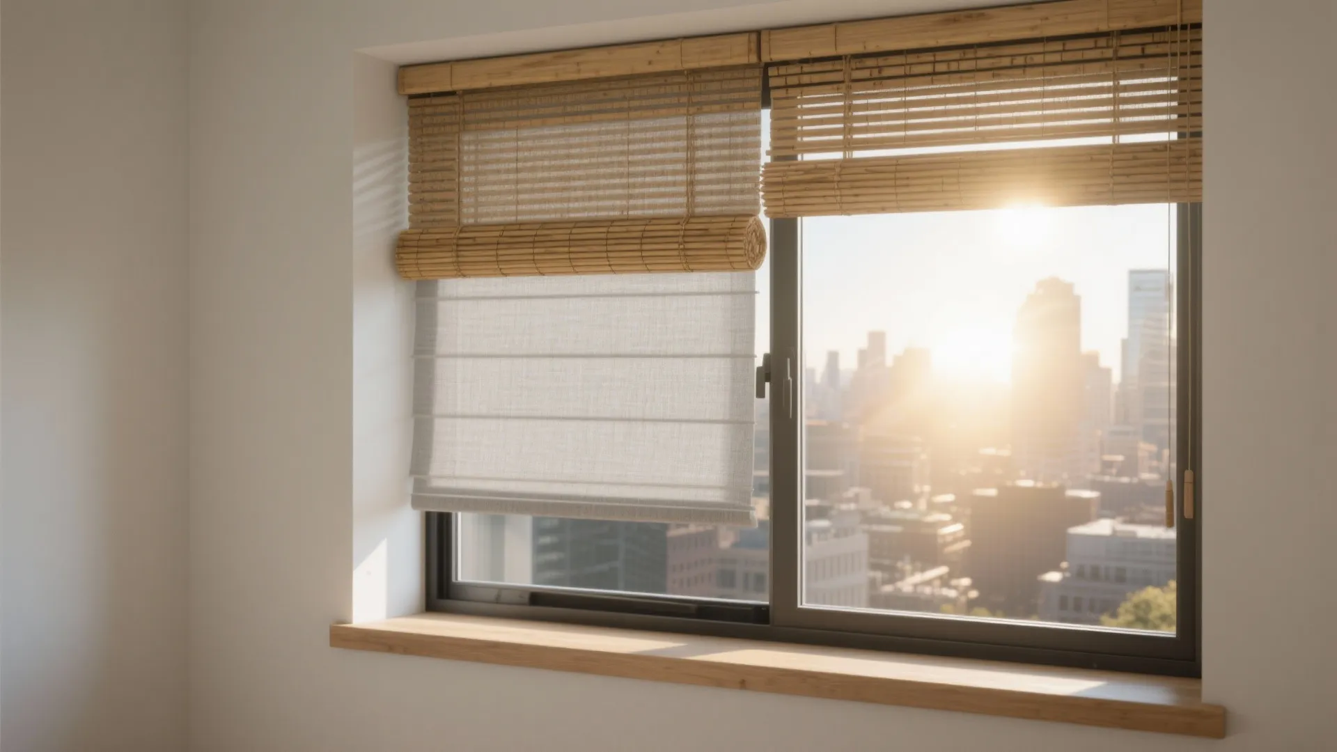 Window with bamboo blinds and white fabric shade showing a city view during a sunset