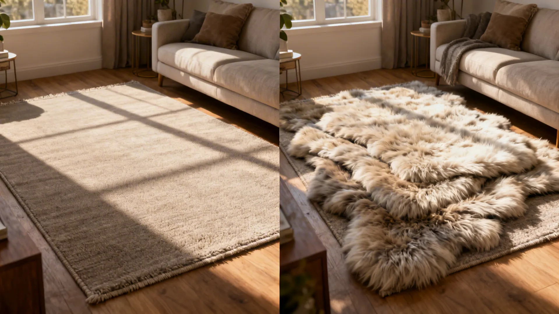 Split before-and-after of a living room showing a neutral rug alone and with a sheepskin layer added.