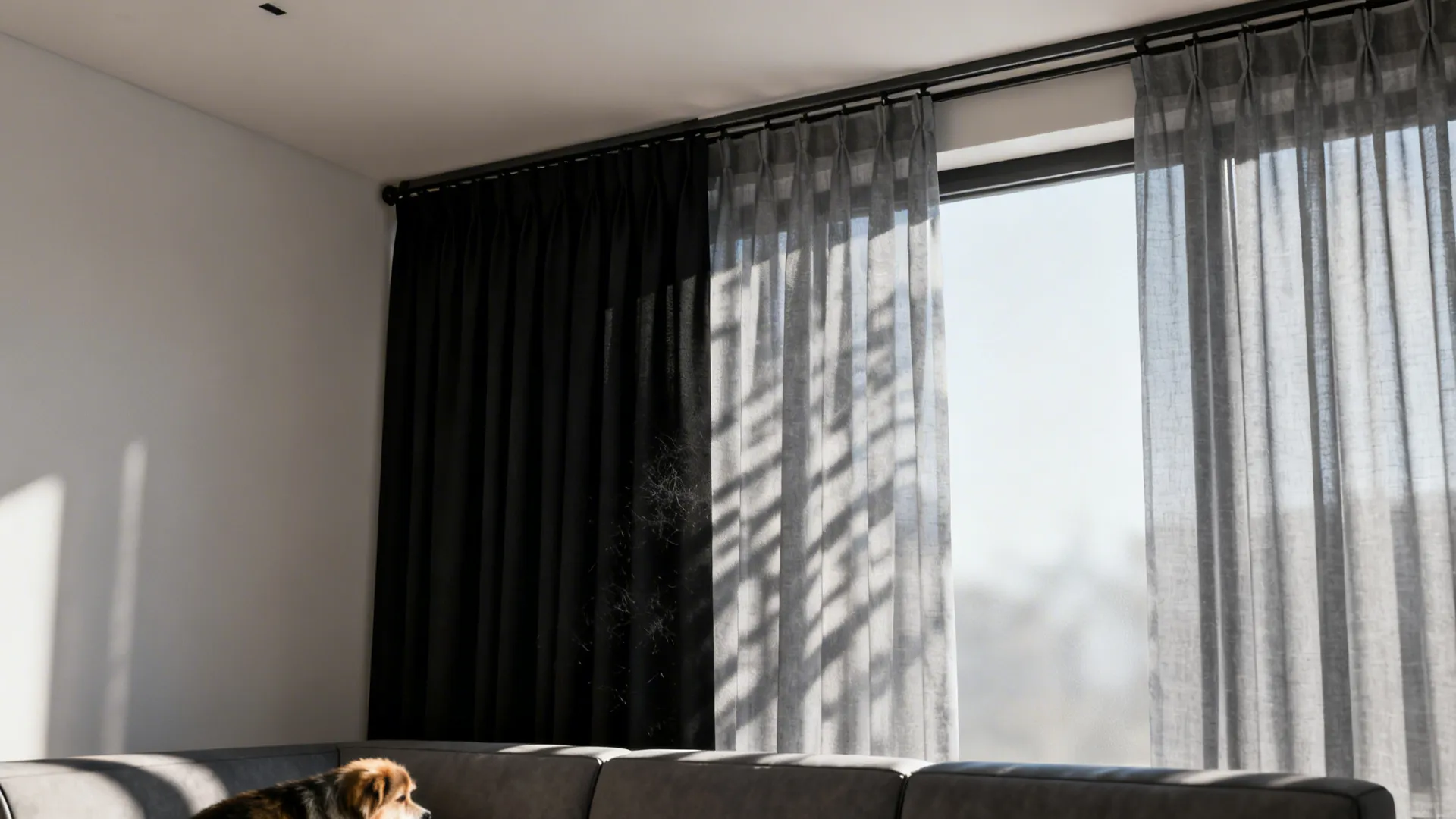 Black curtains and grey sheer curtains hanging on a metal rod near a modern sofa