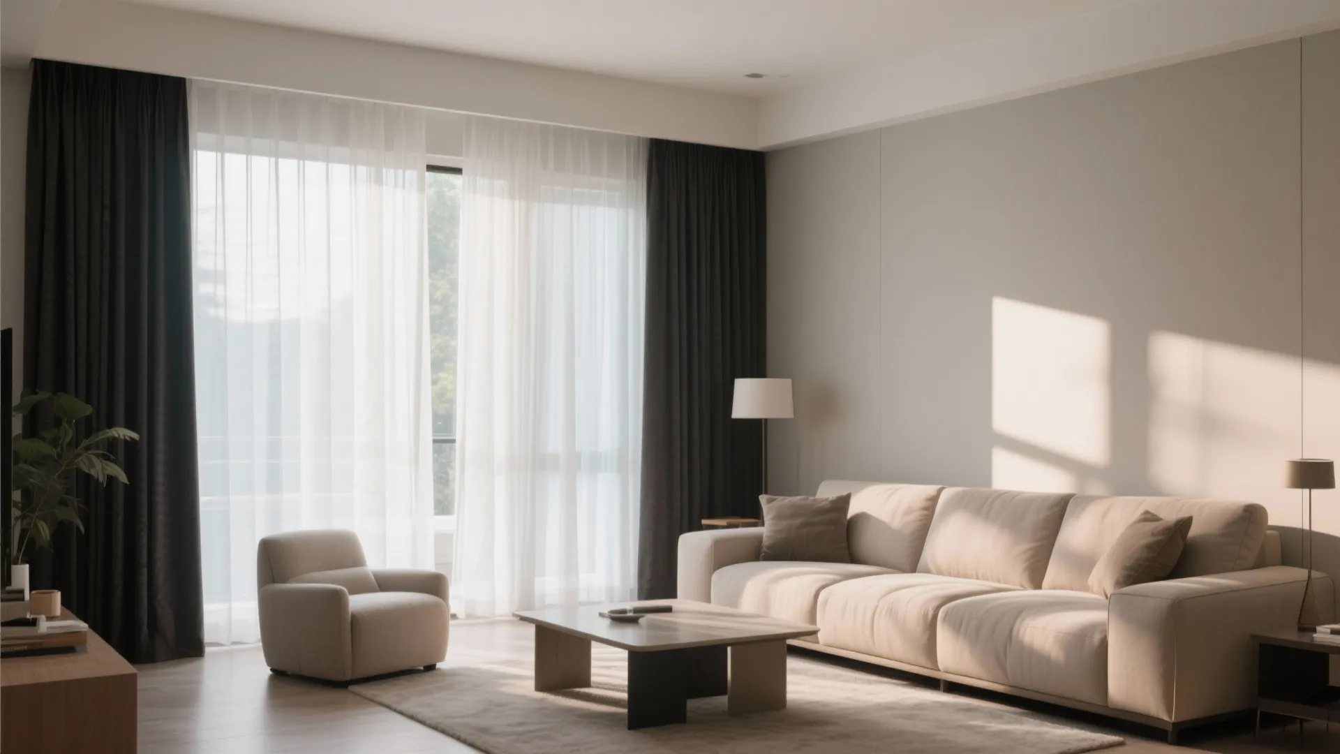 Minimalist living room with beige sofa, coffee table, armchair, and layered dark and white curtains