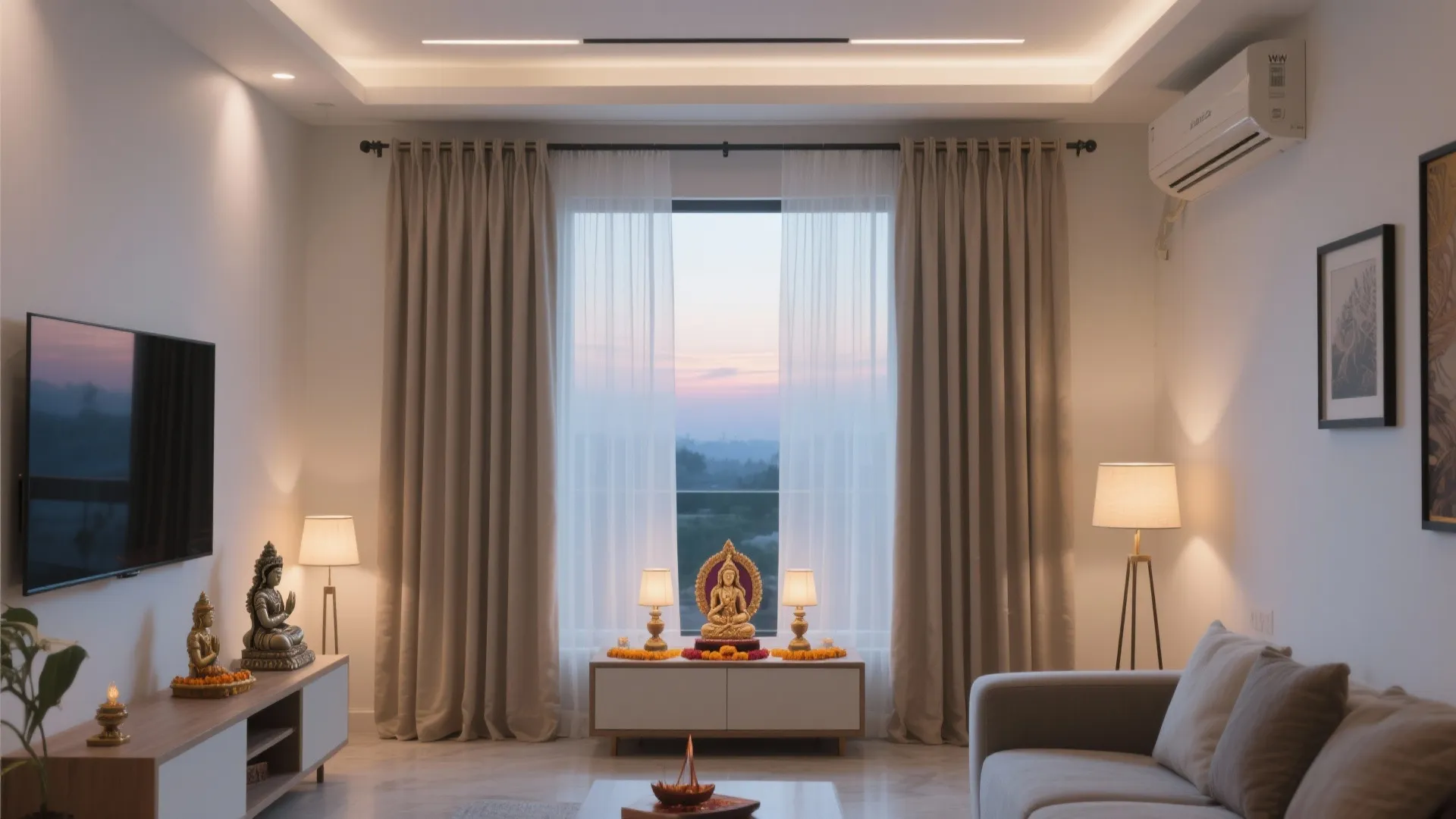Dual-layer setup with neutral sheer front and mid-weight blackout behind, creating a flexible pooja wall.