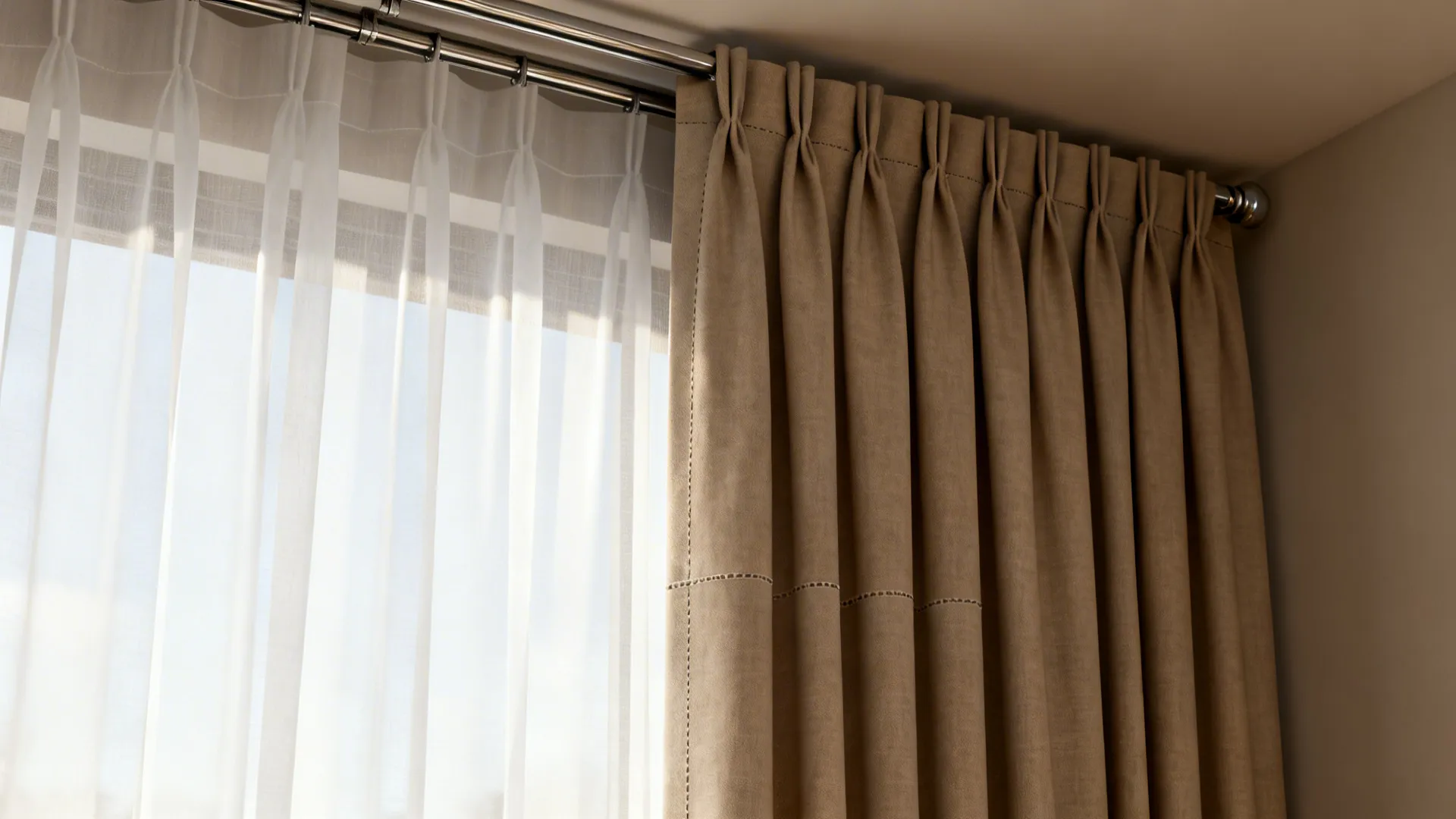 Layered sheer and blackout curtains on a double track with soft daylight