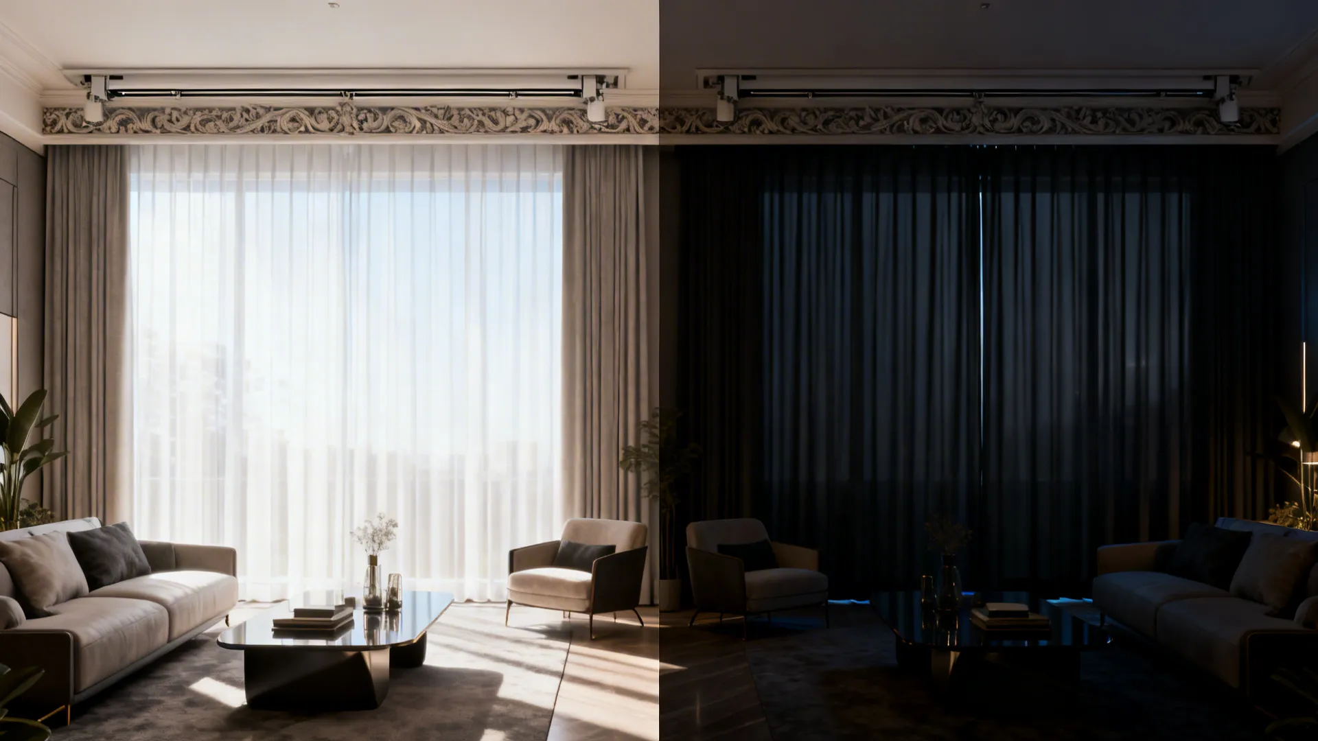 Split image showing sheer full-width curtains and layered blackout panels for versatility