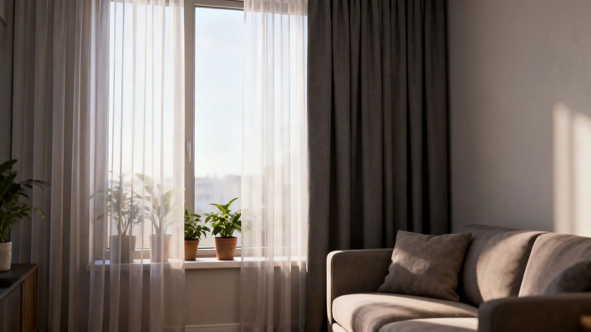Compact living room with layered sheer and blackout curtains balancing daylight and privacy.