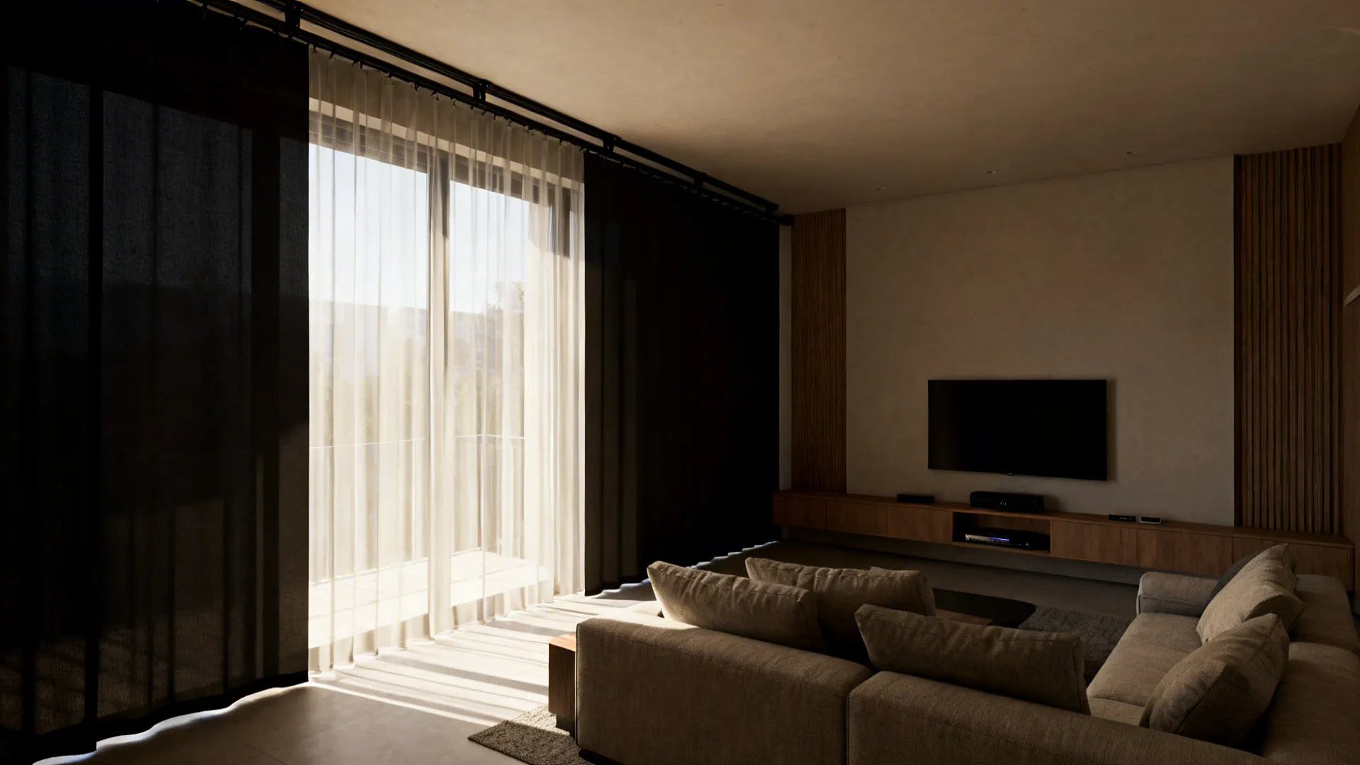 Loft living room with layered sheer and blackout panels delivering daytime glow and evening privacy