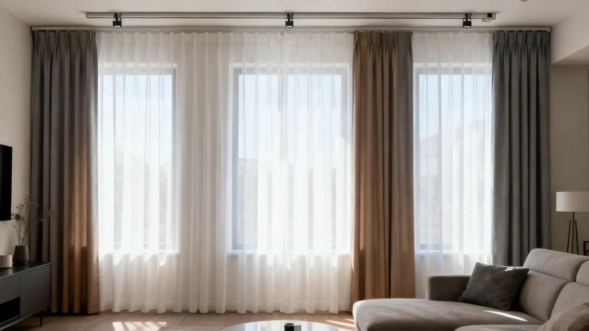 Ceiling-mounted double tracks with sheer and blackout curtains unify three windows.