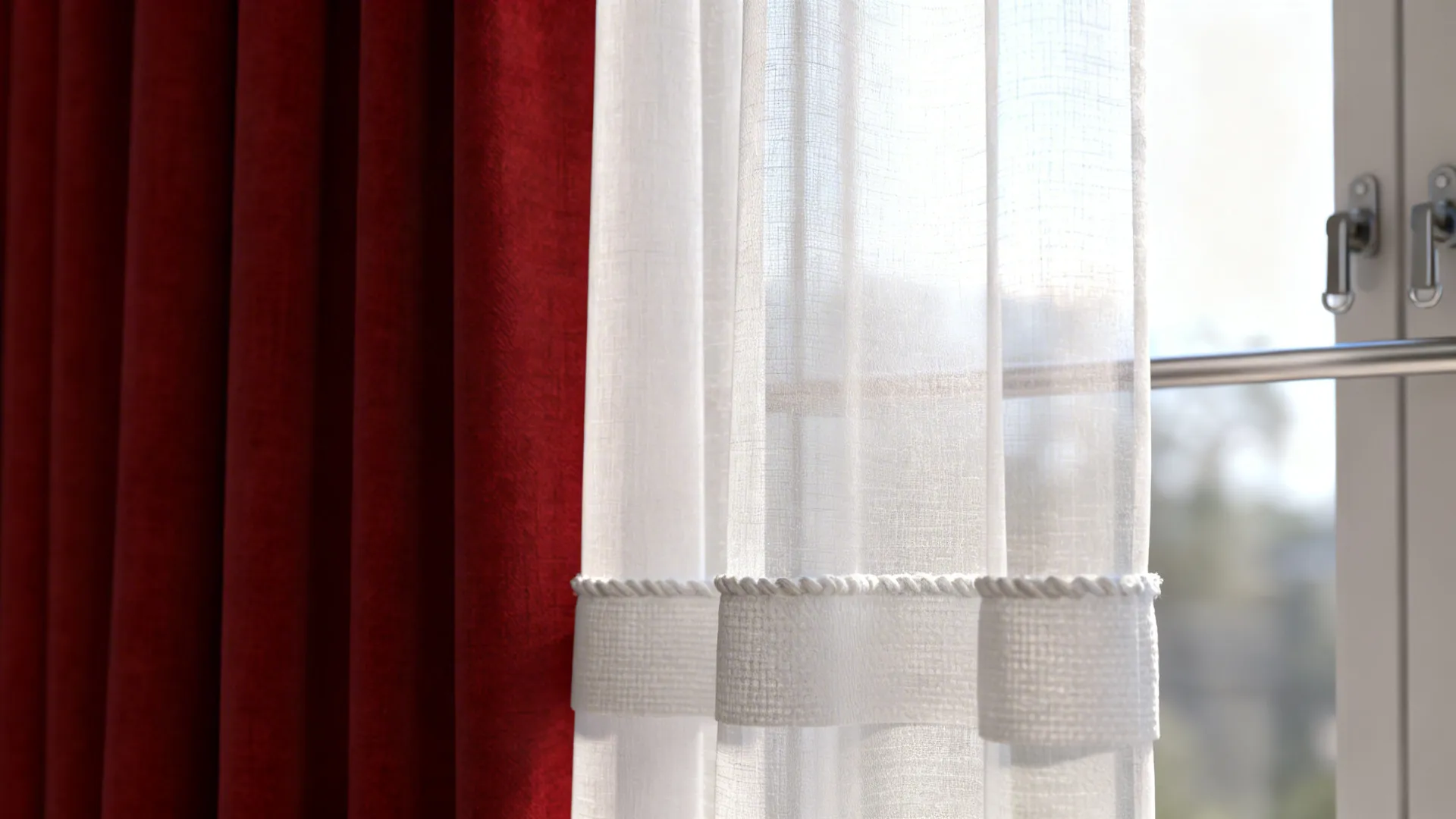 Close-up of sheer white curtain layered over a heavy red drape showing texture and light filtering.