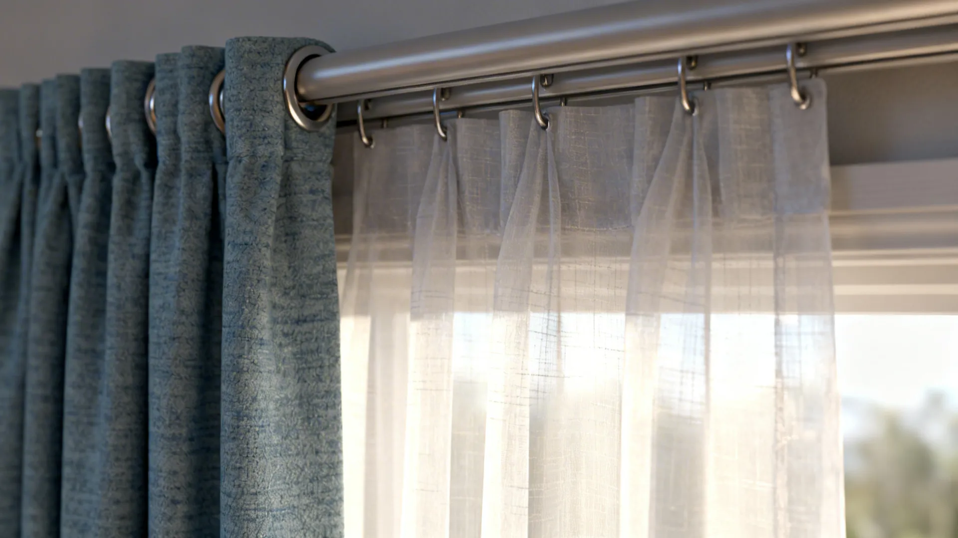 Close-up of pale sheer layered over blue-grey blackout curtain with dual-track hardware.