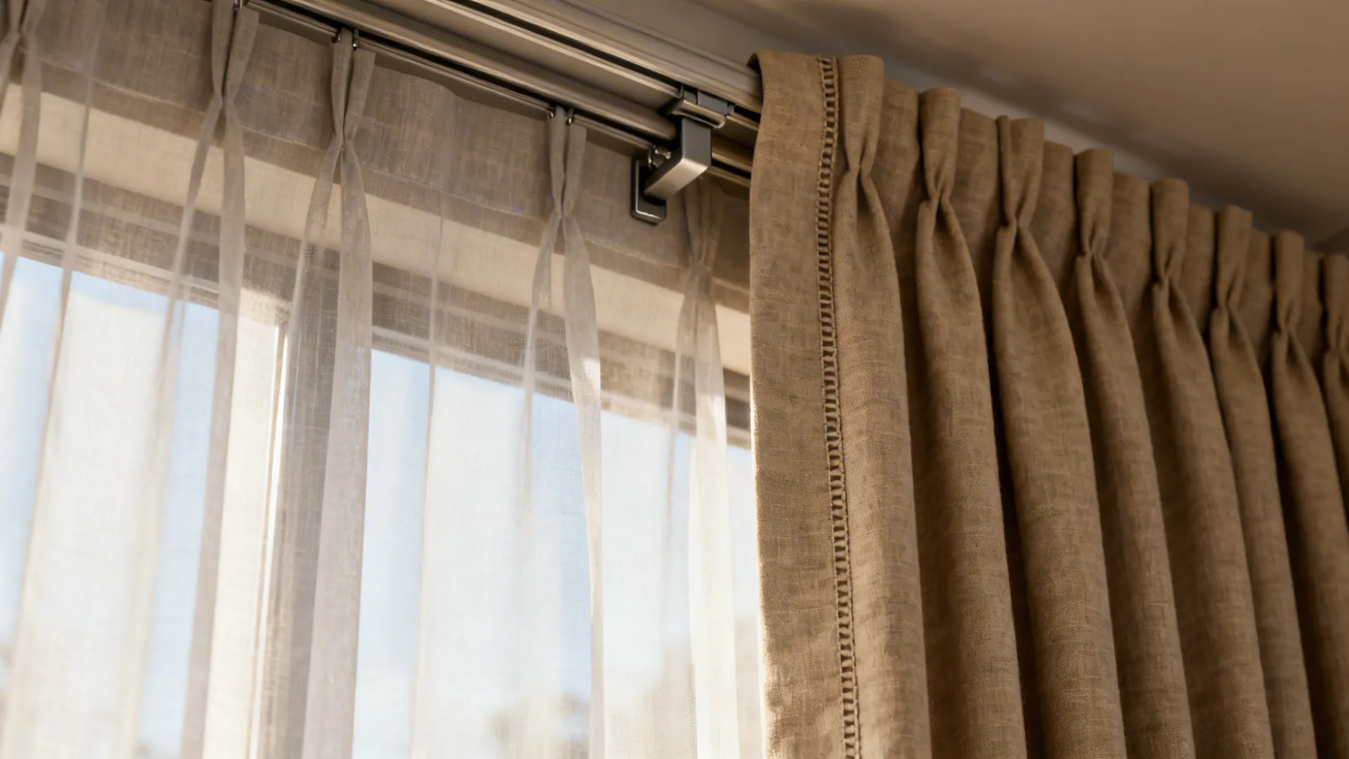 Close-up of sheer and heavy drapery layers with visible hardware