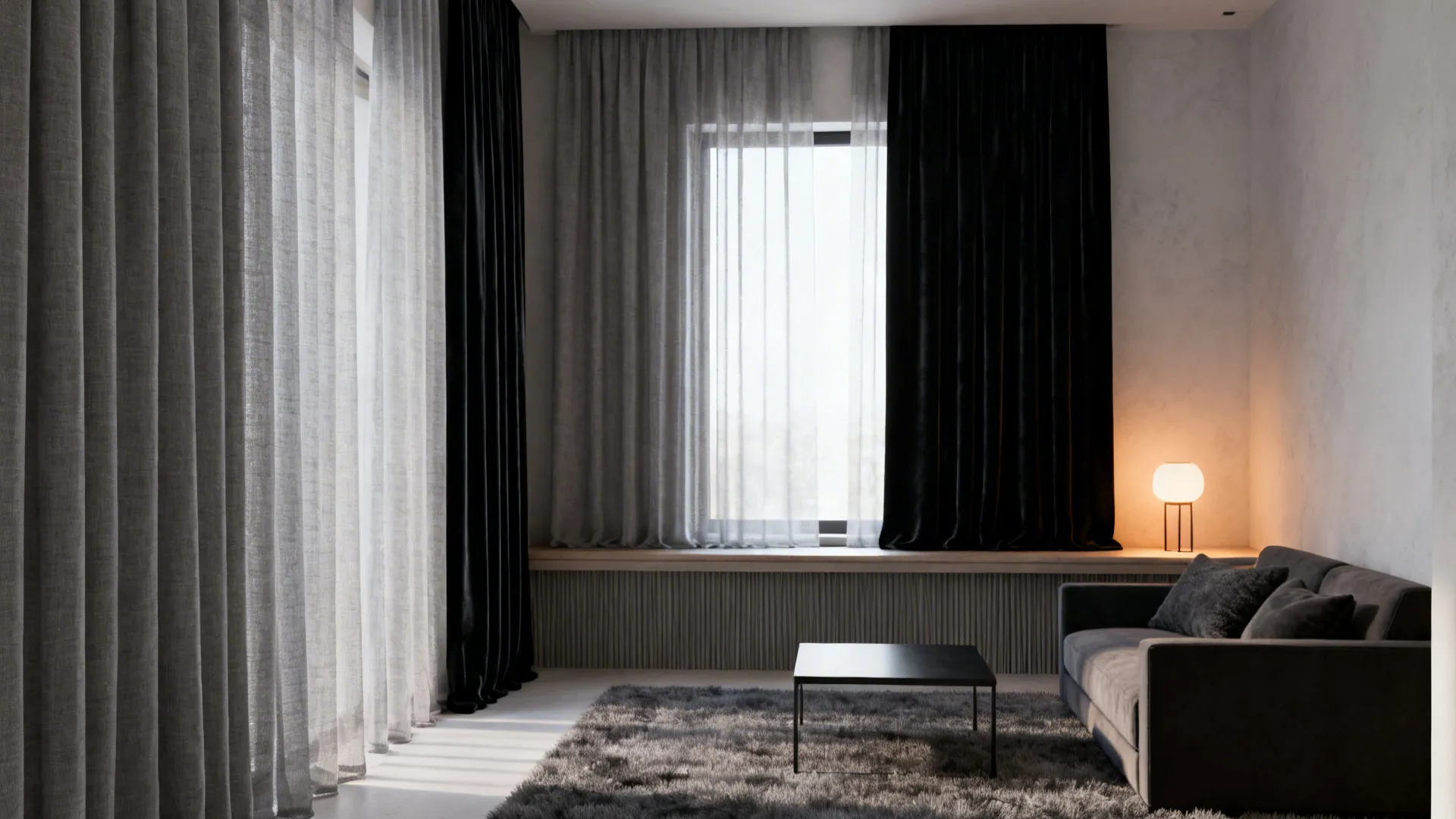 Modern living room with layered grey and black curtains large window grey sofa and table