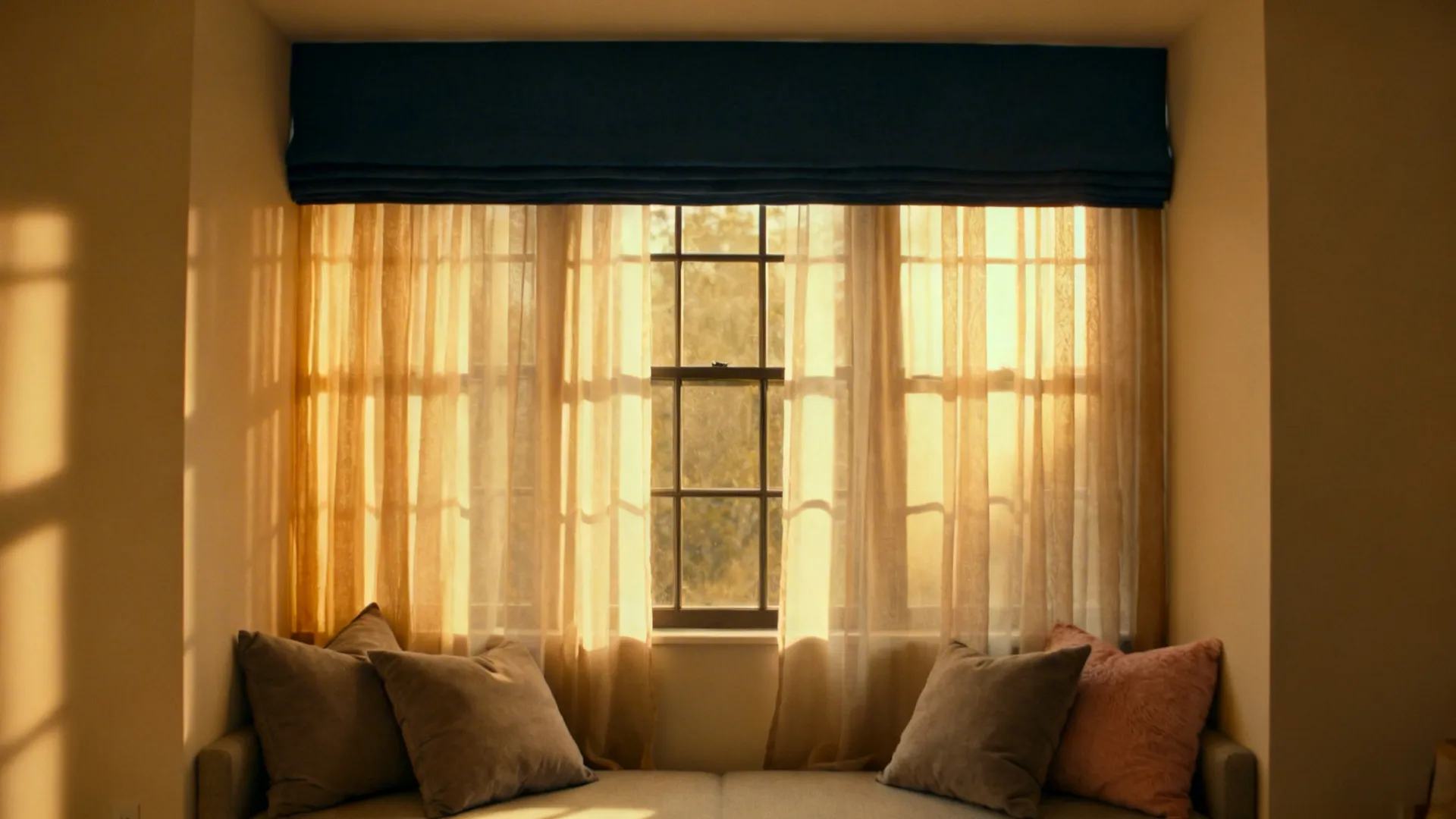 Window with navy blue curtain and sheer fabric above a sofa with soft decorative pillows