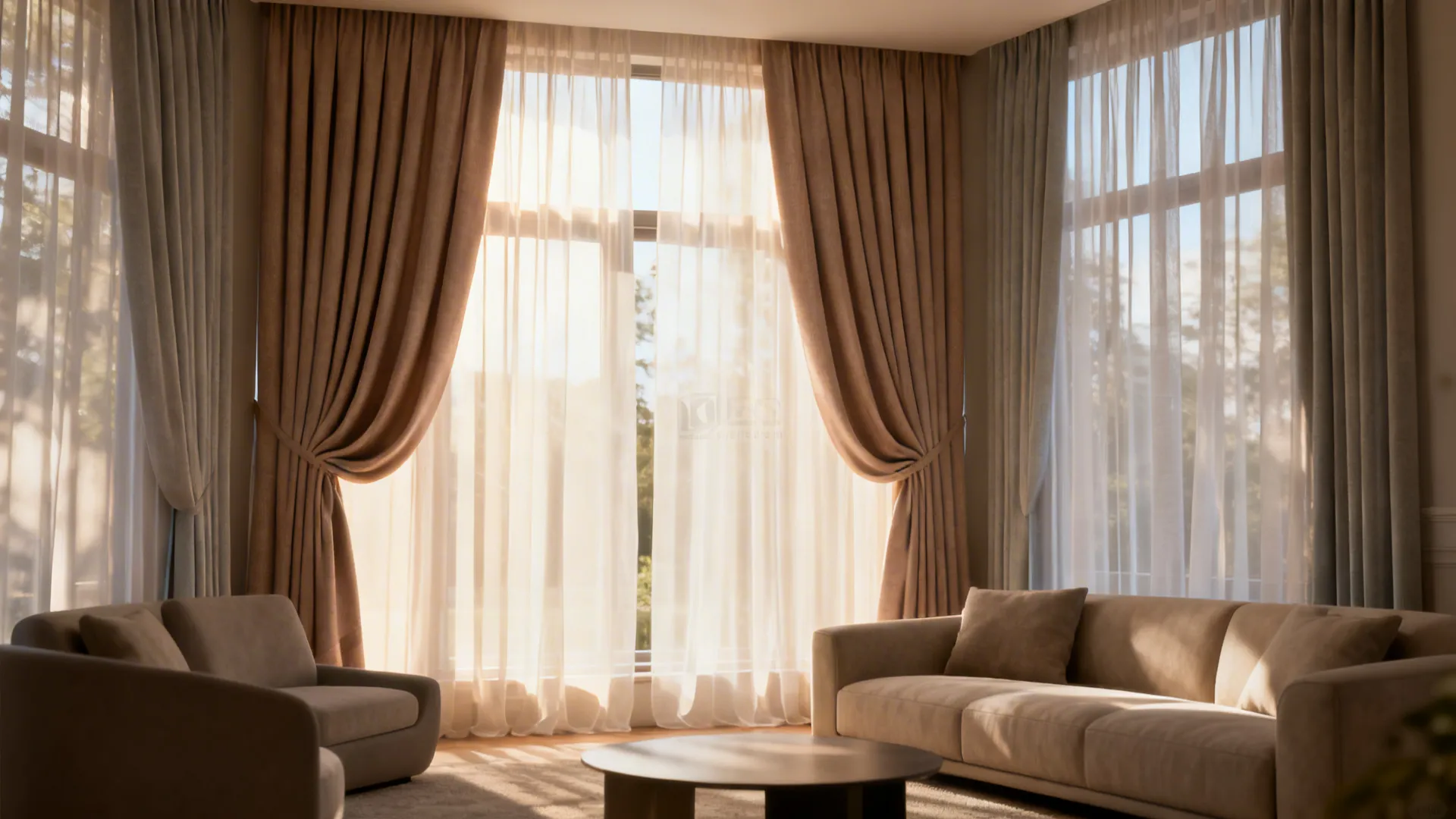 Layered sheer and opaque swag curtain filtering light in a living room