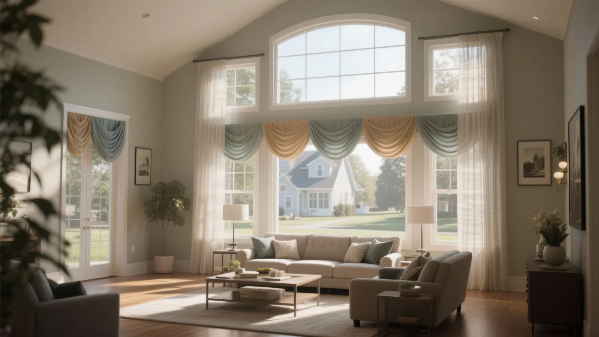 Living room with bay windows featuring layered sheer curtains and valance