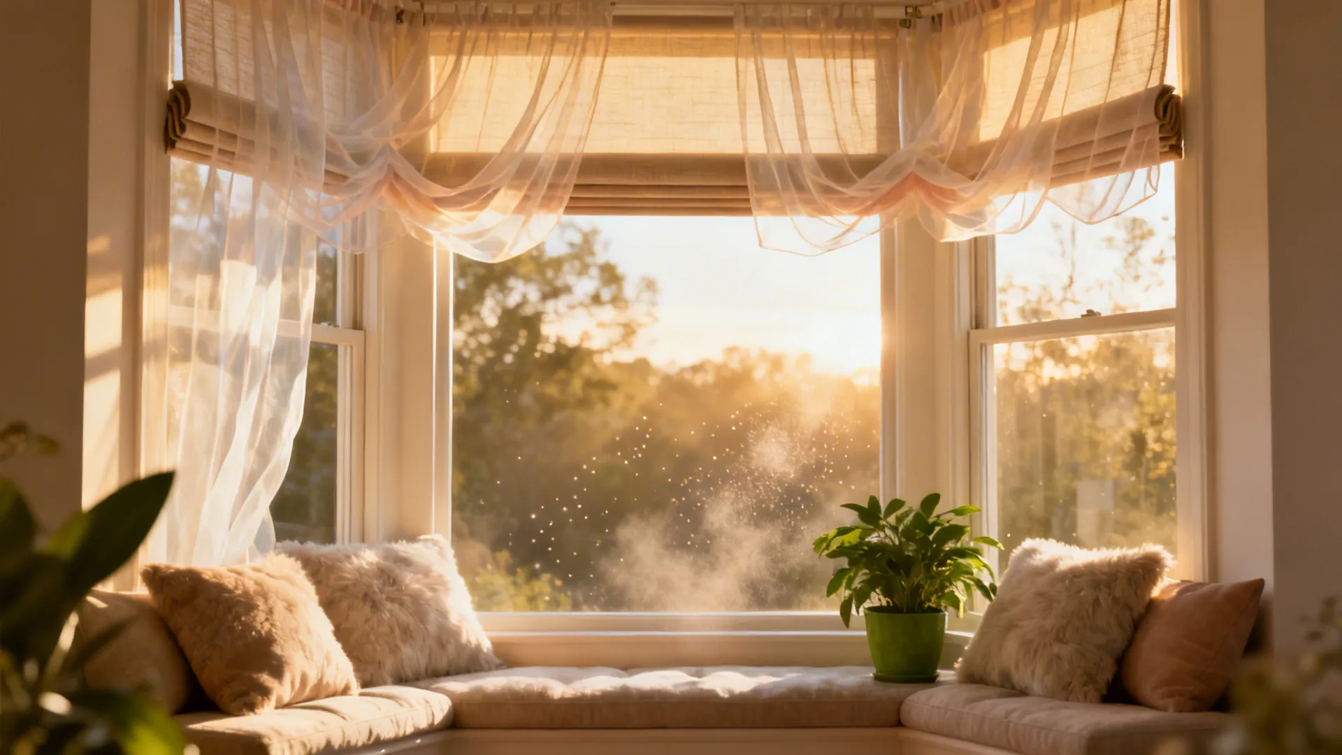 Layered sheer valance over roller shades diffusing strong sunlight in a cozy living area.