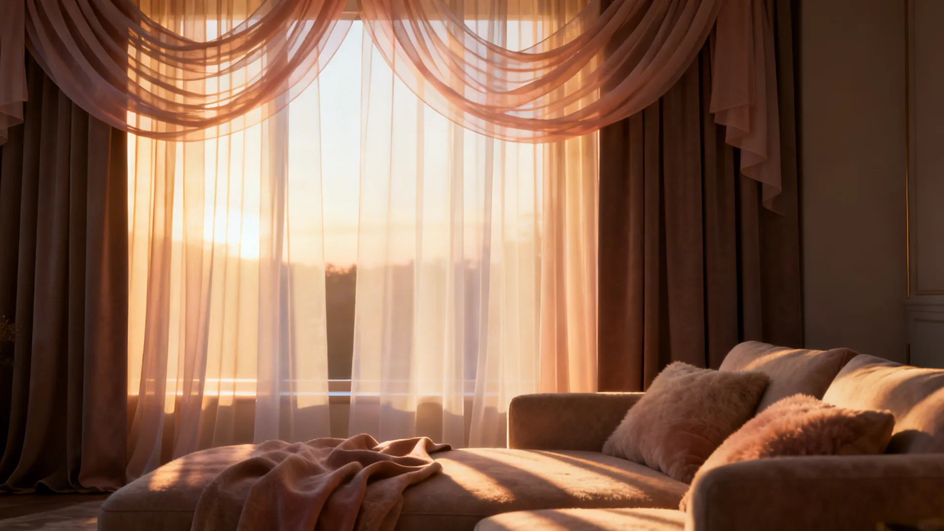 Living room with layered sheer valances and blackout drapes creating a soft, cozy light