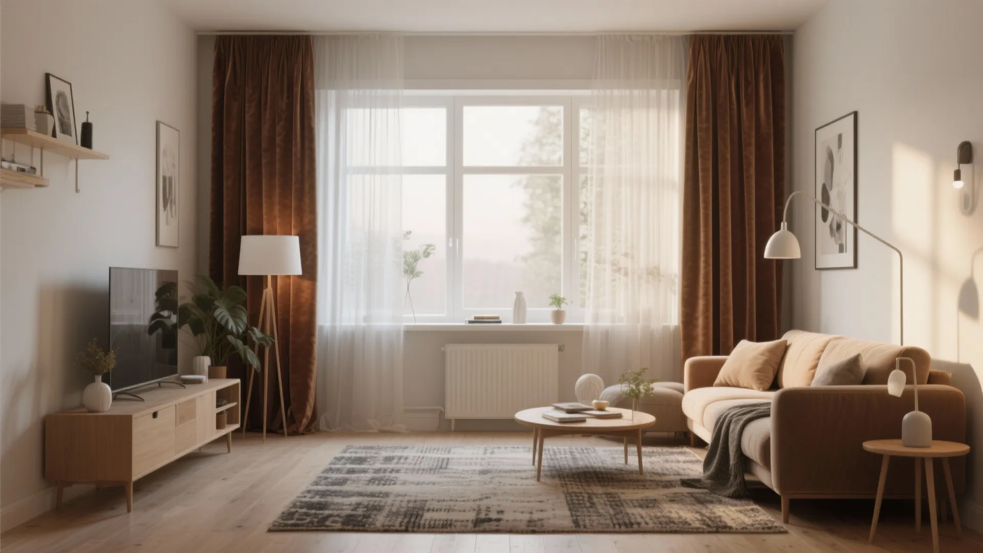 Warm living room with brown velvet curtains sheer white drapes a sofa and floor lamp