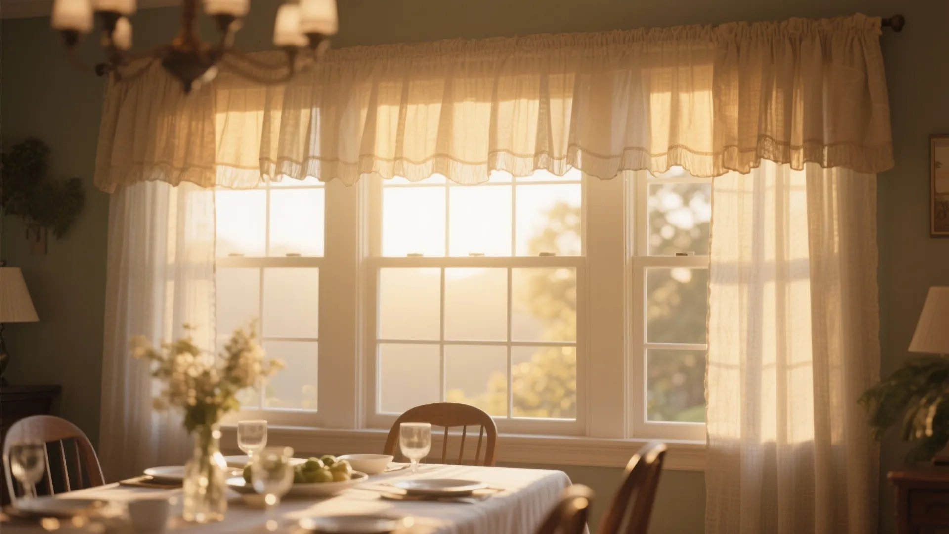 Bright dining area featuring white curtains on large windows with warm sunlight on wooden table