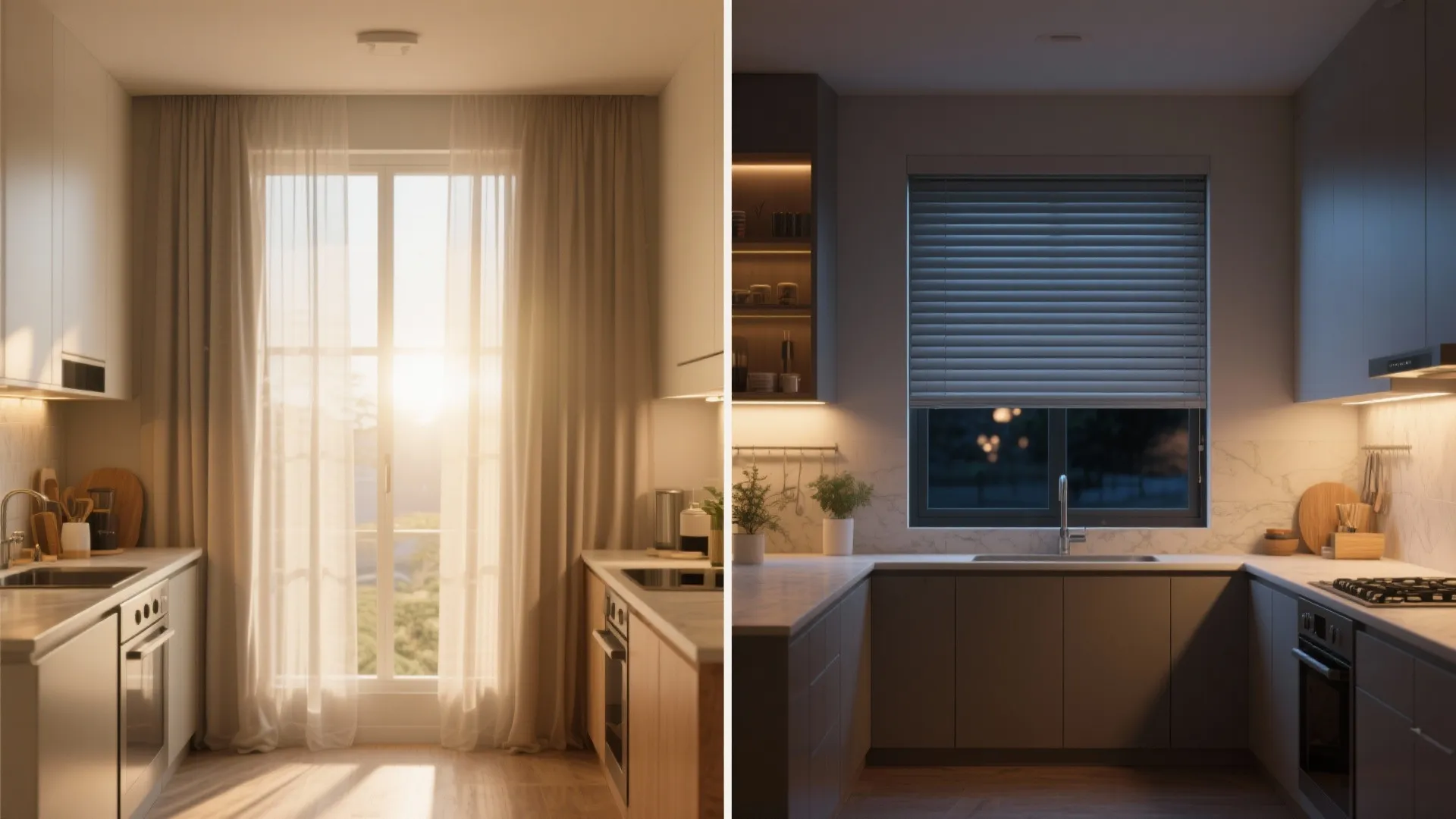 Side by side comparison of bright kitchen with curtains and dark kitchen with window blinds