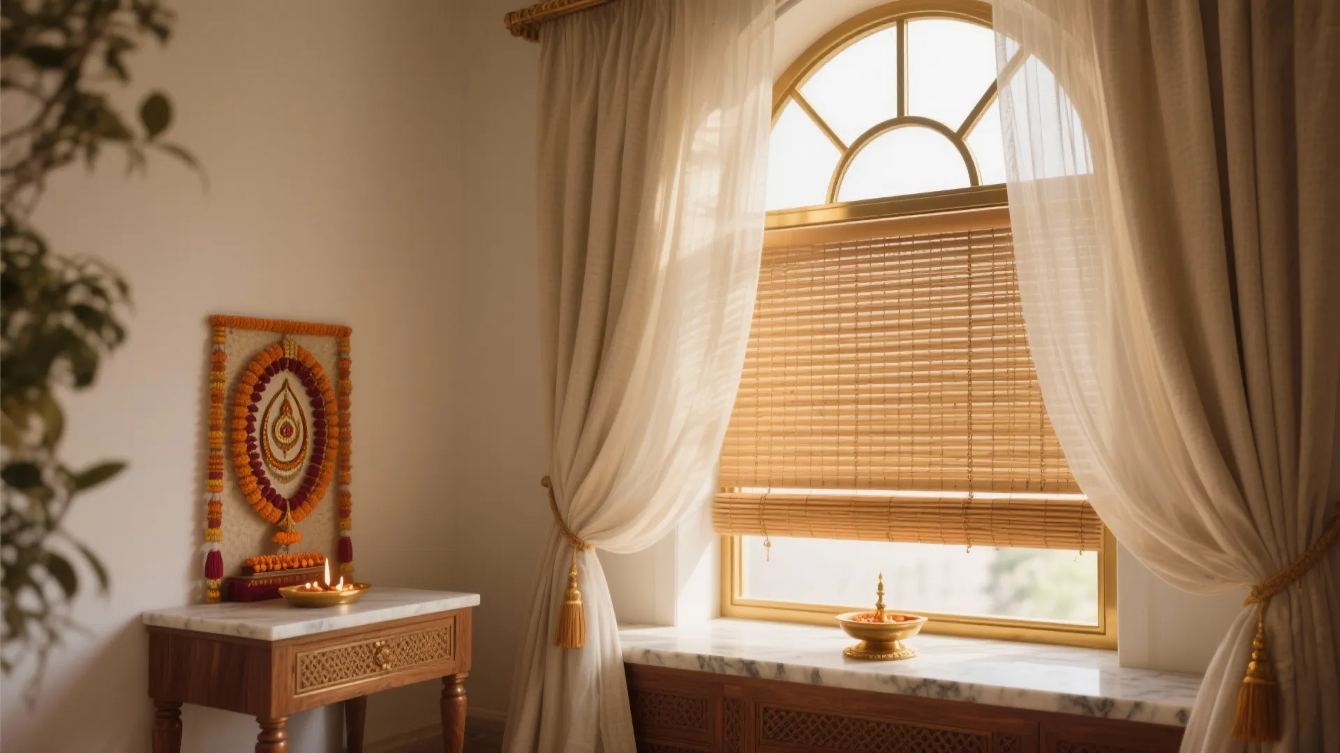 Layered Treatments: Sheer + Blind (or Shutters) with Arched Frames