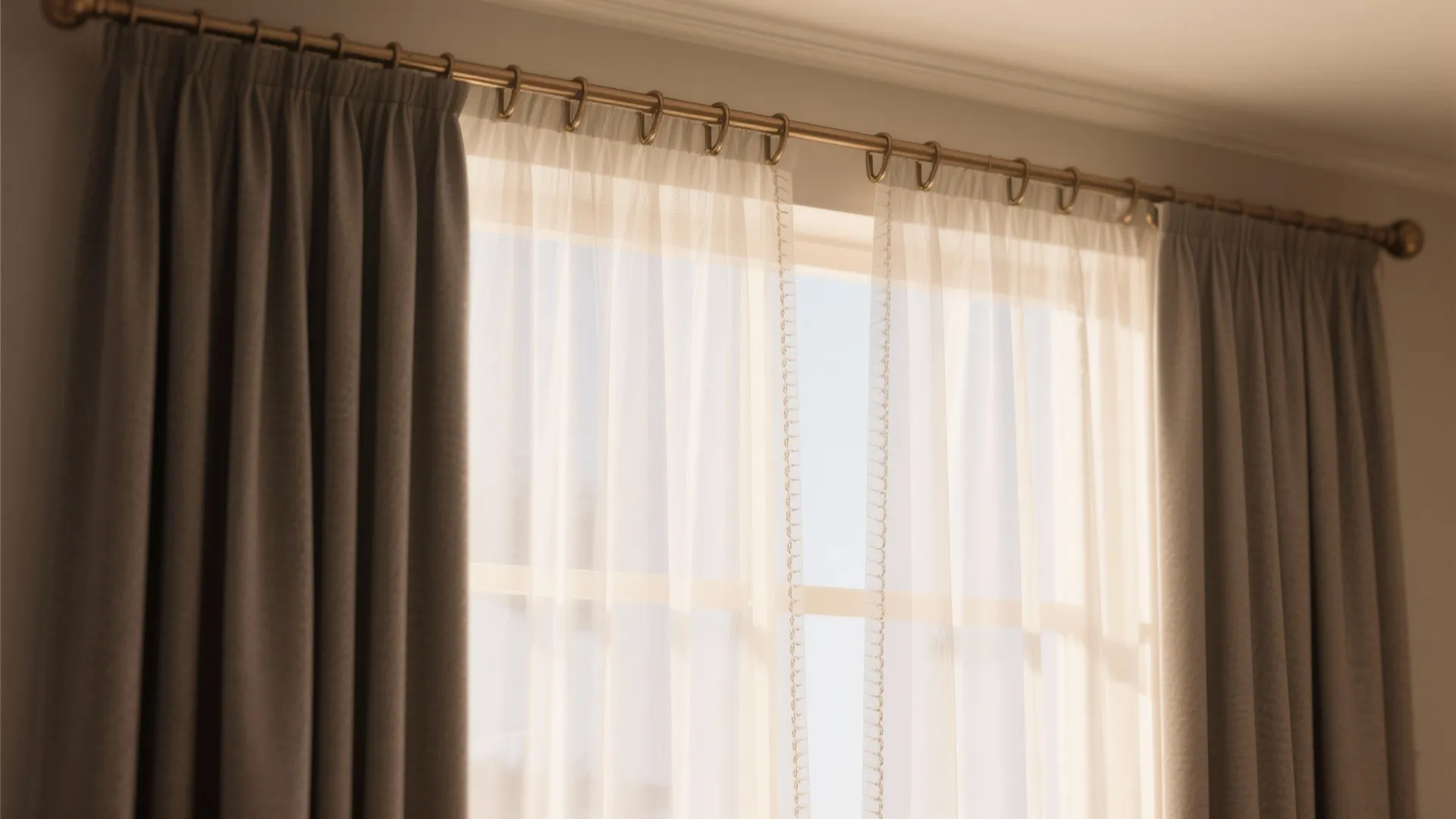 Close up of grey curtain and white sheer fabric hanging on a gold metal curtain rod