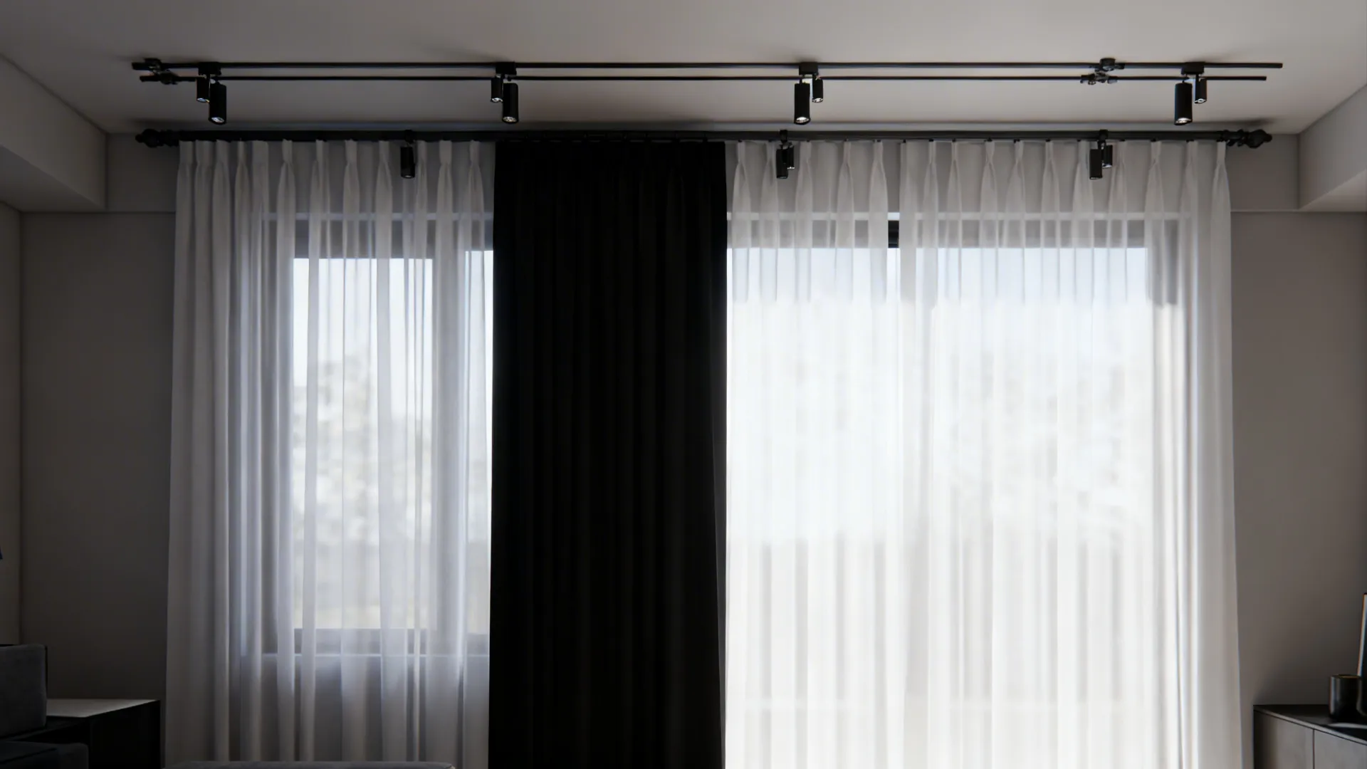 Window with layered sheer white curtain in front of solid black panel showing hardware and track system