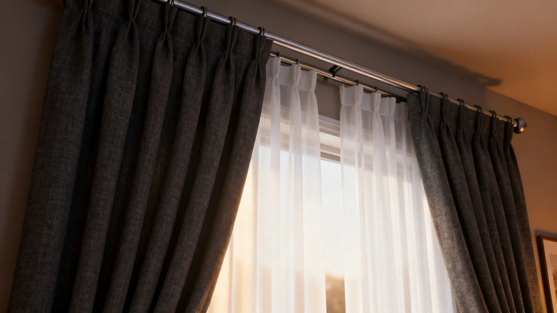 Dark grey drapes layered over white sheers on a slim double-rod, diffusing daylight in a cozy living room.