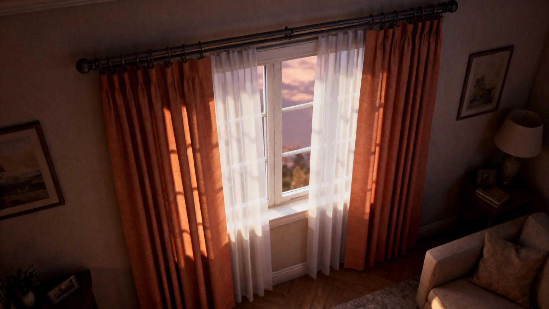 High angle view of orange curtains and white sheer curtains on a window at sunset