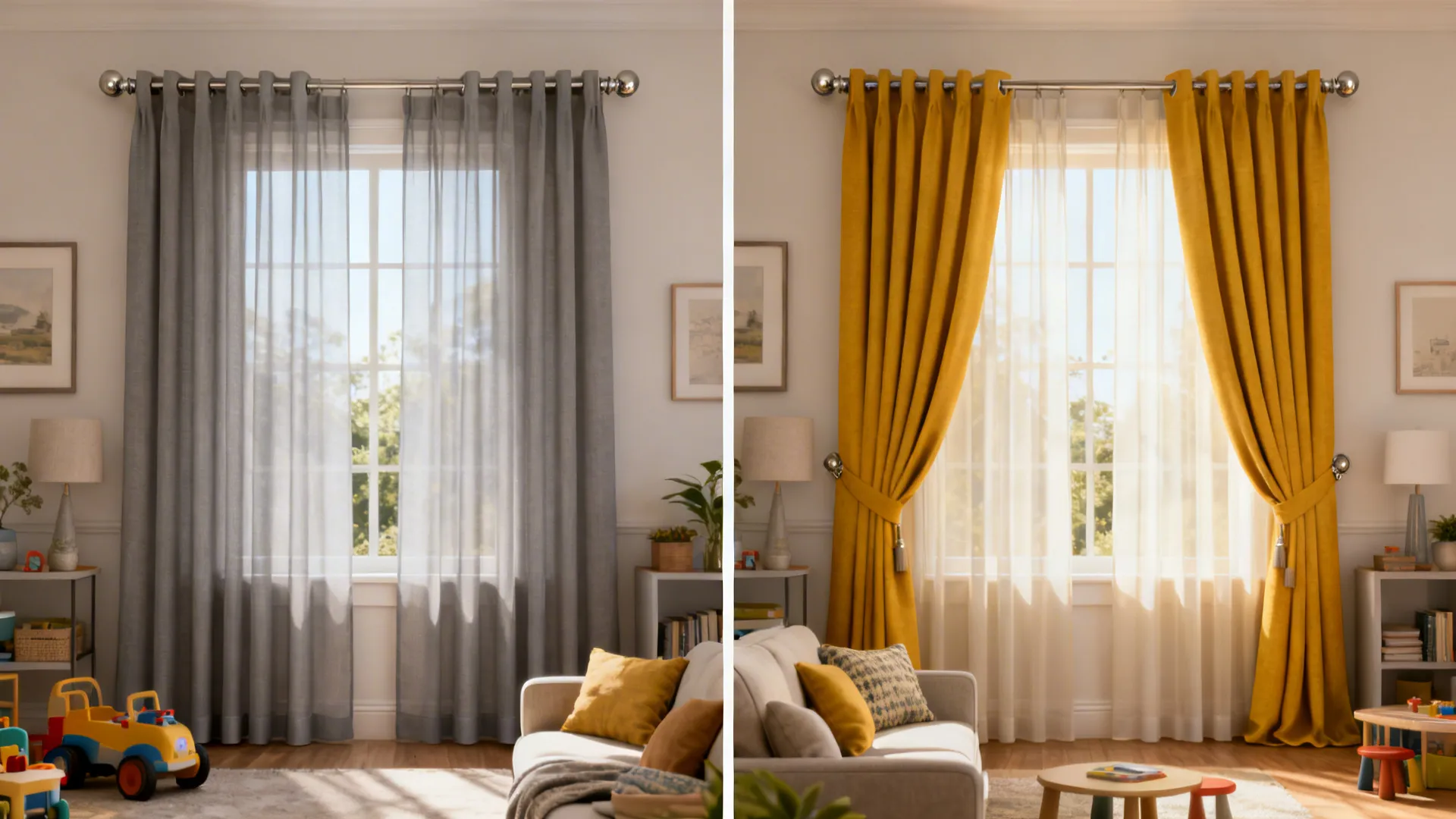 Before and after split view: sheer grey panels vs layered sheer grey with heavy mustard yellow drapes.