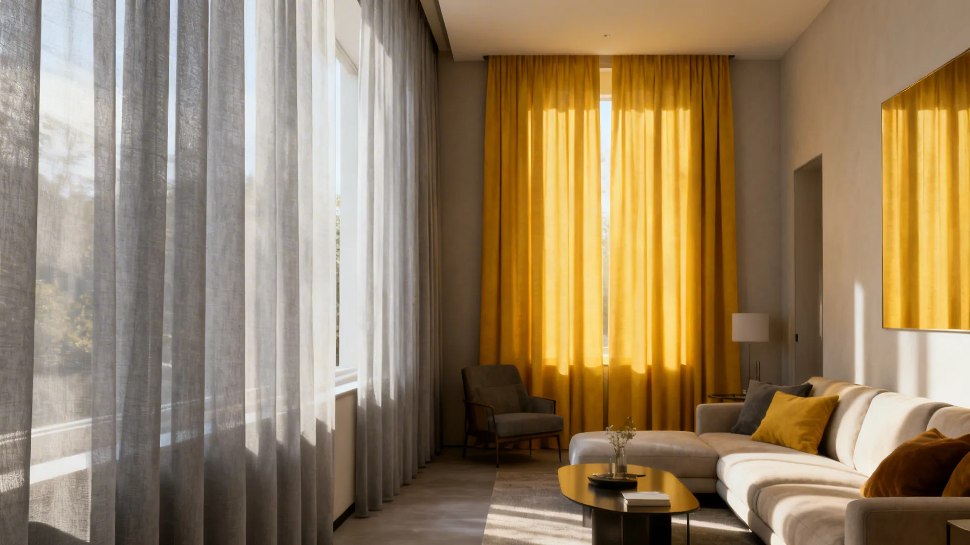 Layered pale gray sheers and sunny yellow drapes shown in a narrow living room split view.
