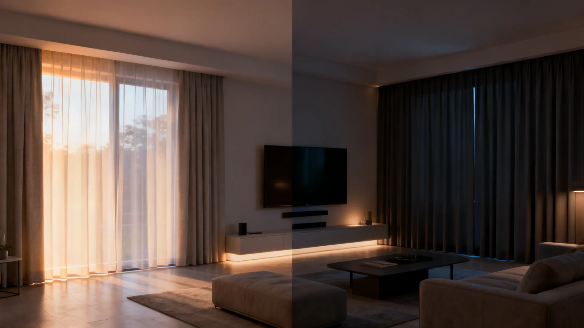 Split view showing semi-sheer curtains filtering light and blackout curtains closed for privacy