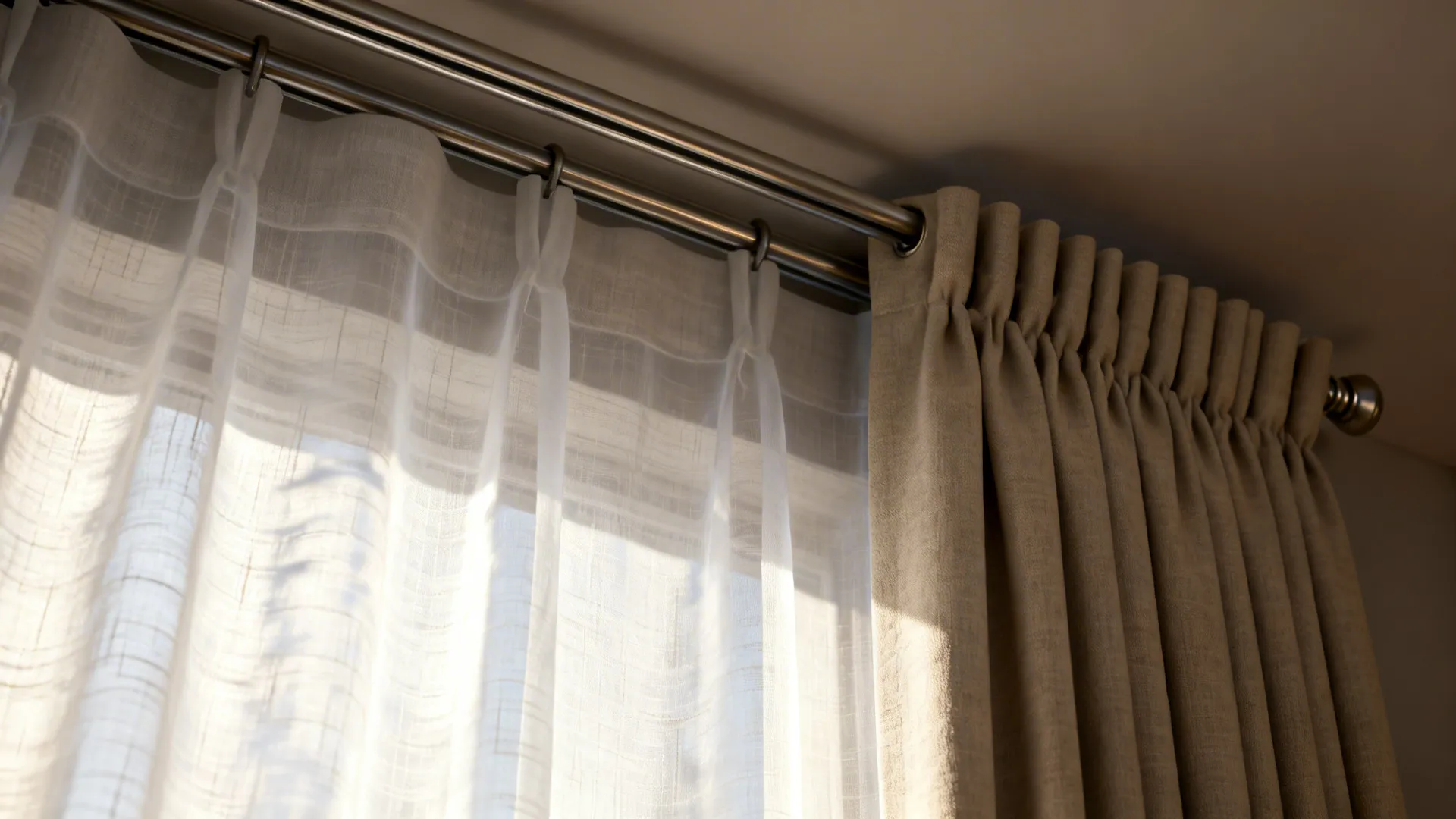 Close-up of layered sheer curtain with blackout panel on a double track, showing fabric texture and soft daylight.
