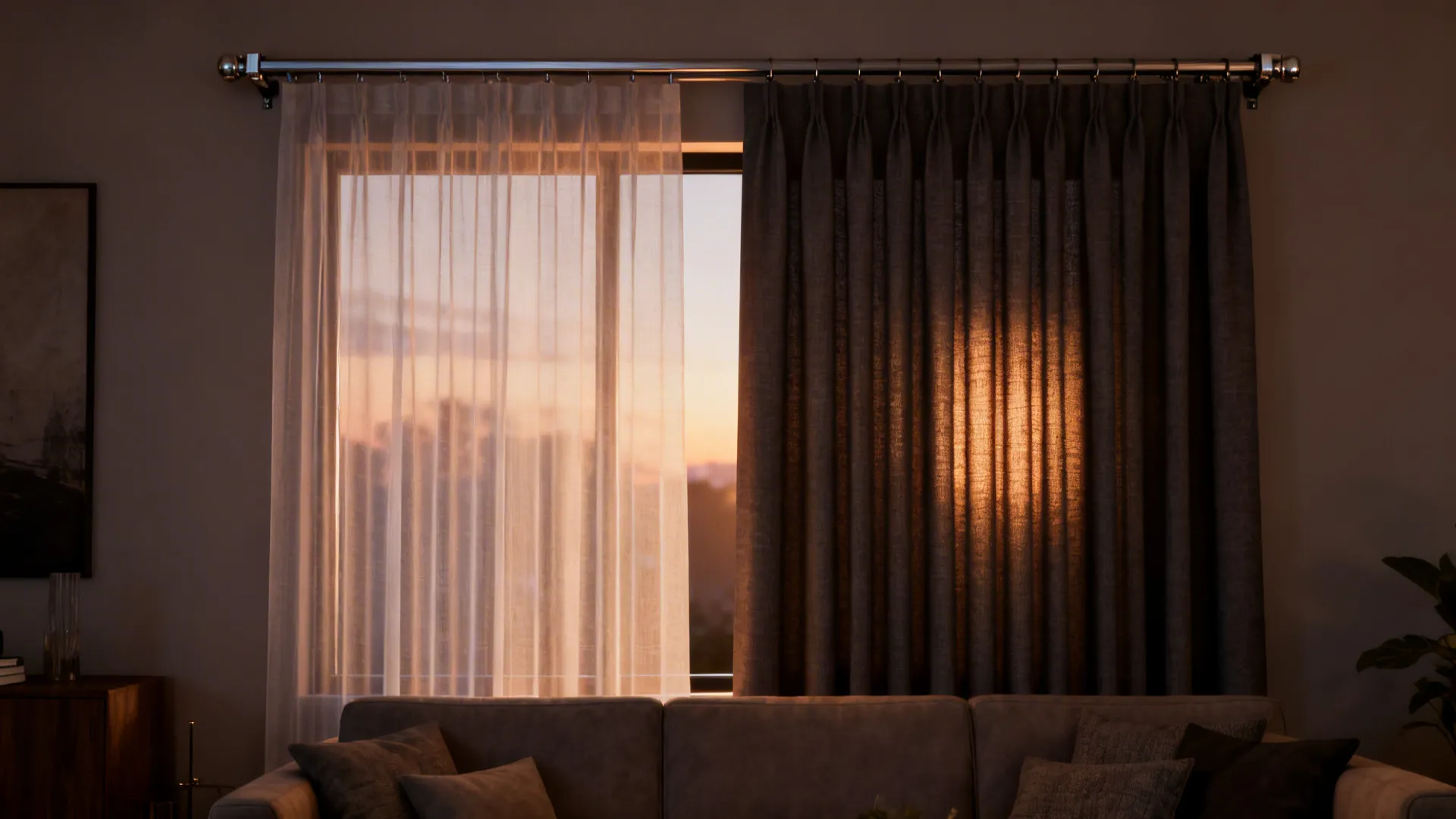 Window with layered translucent sheers and heavy blackout drapes on separate tracks in a modern living room