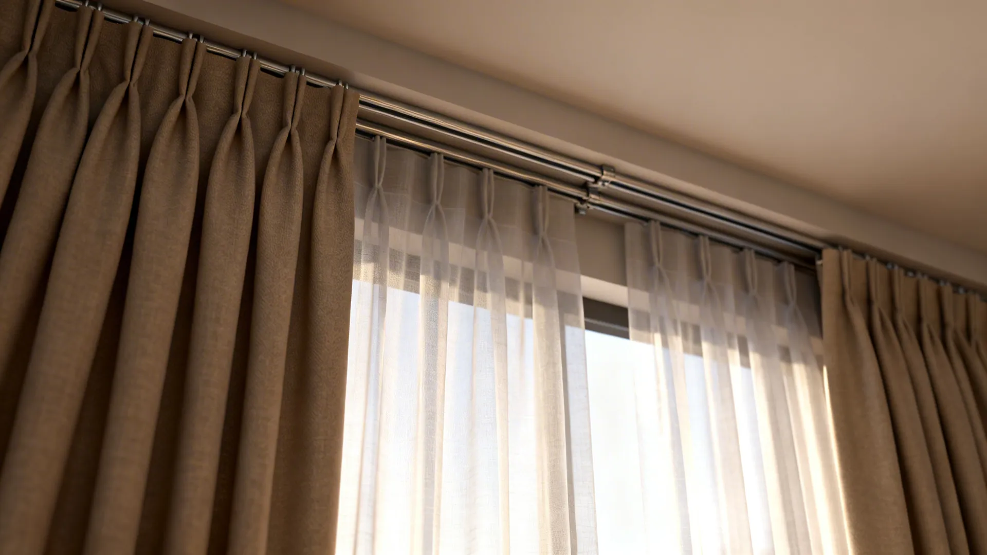 Close-up of airy sheer layered over a heavy blackout drape on a double track.