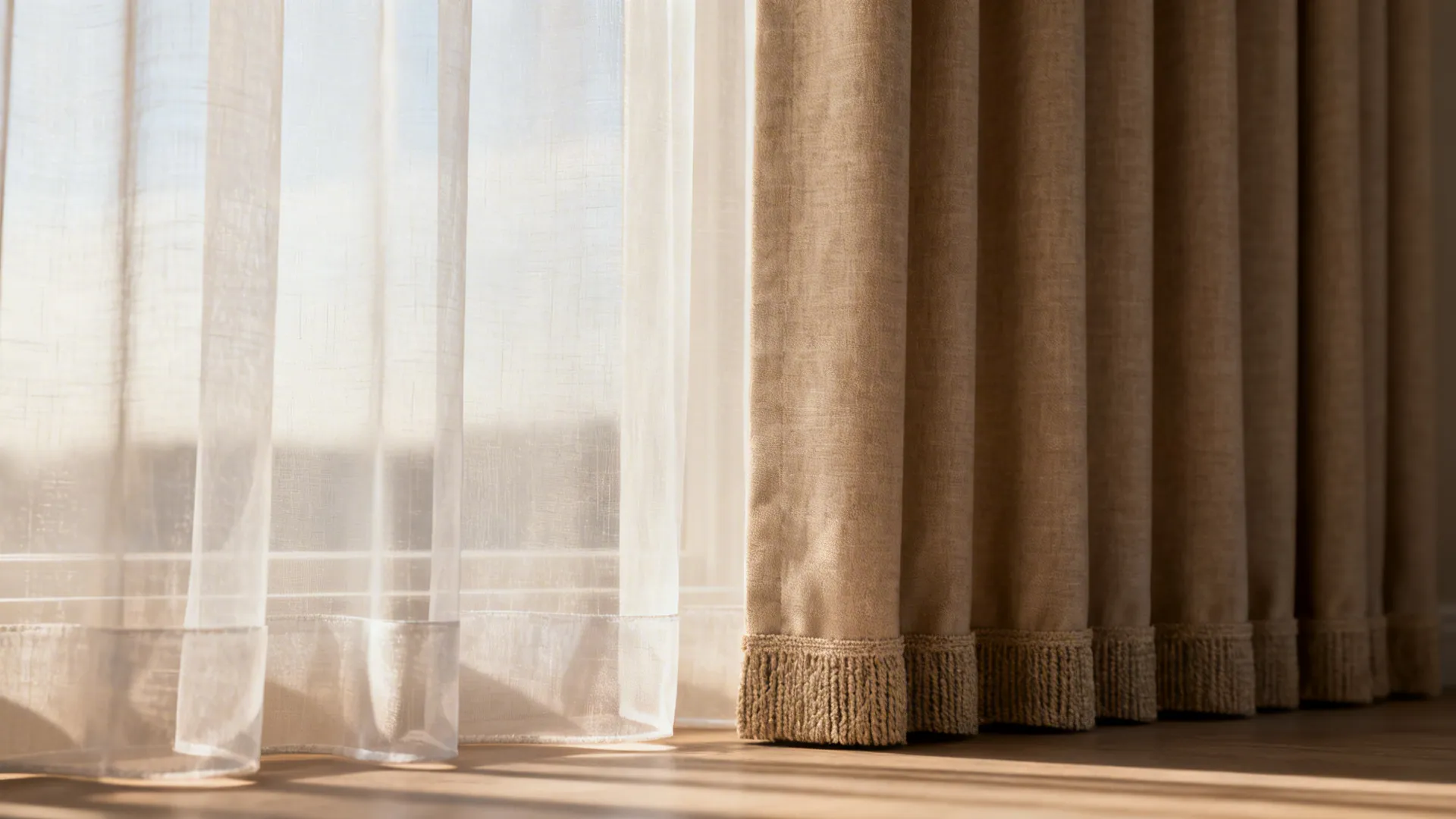 Close-up of sheer panel layered over blackout curtain showing fabric textures