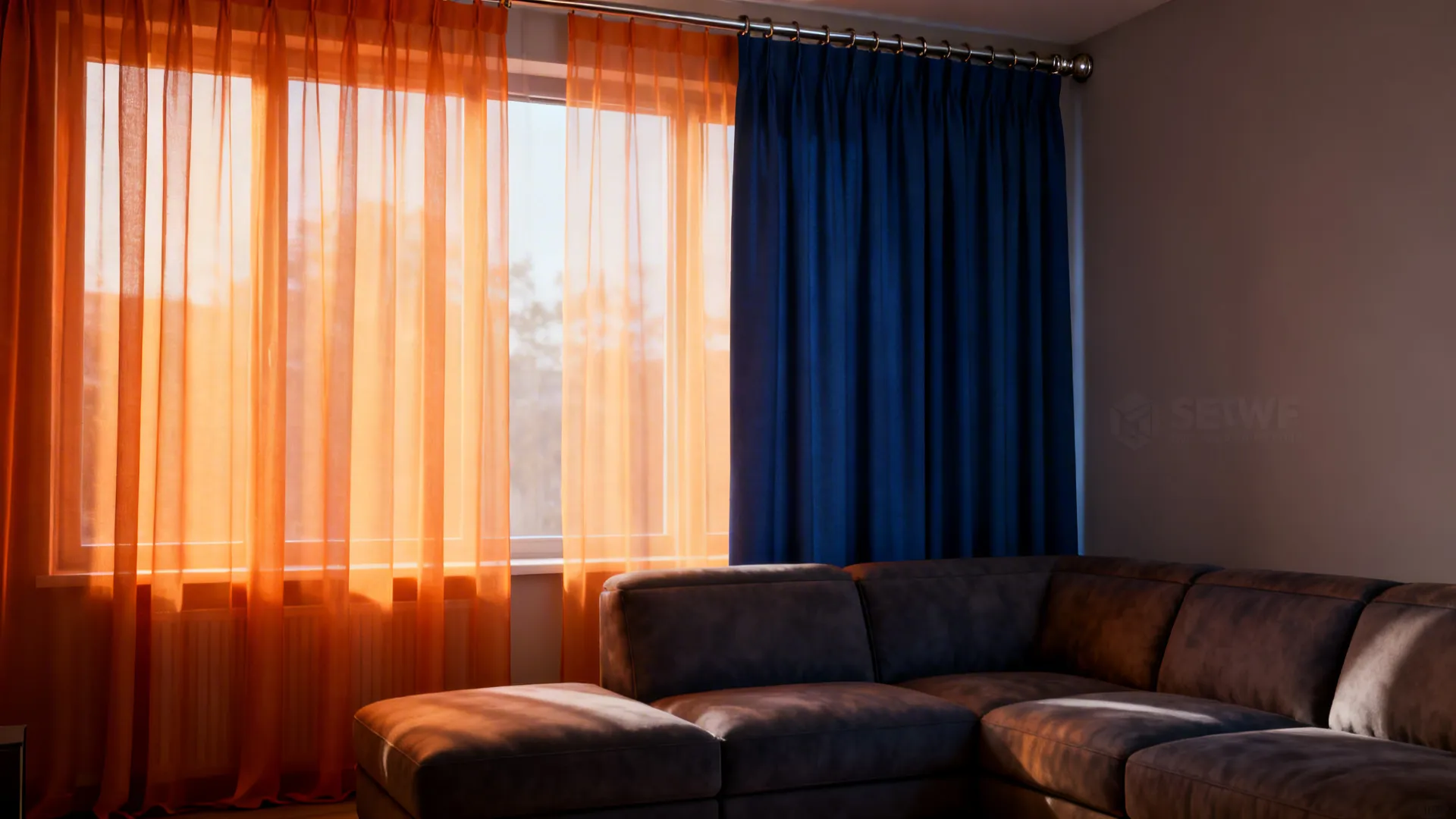 Modern living room featuring brown sofa and windows with orange sheer curtains and blue blackout