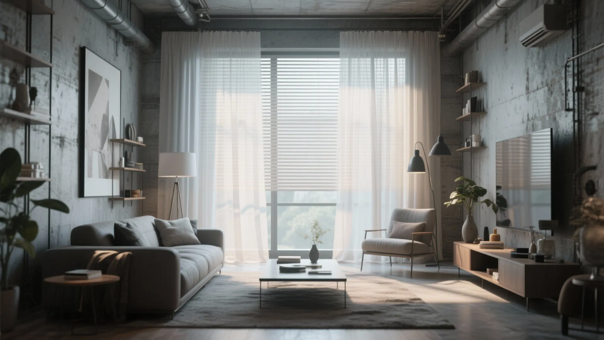 Loft living room with layered sheers and blinds for depth