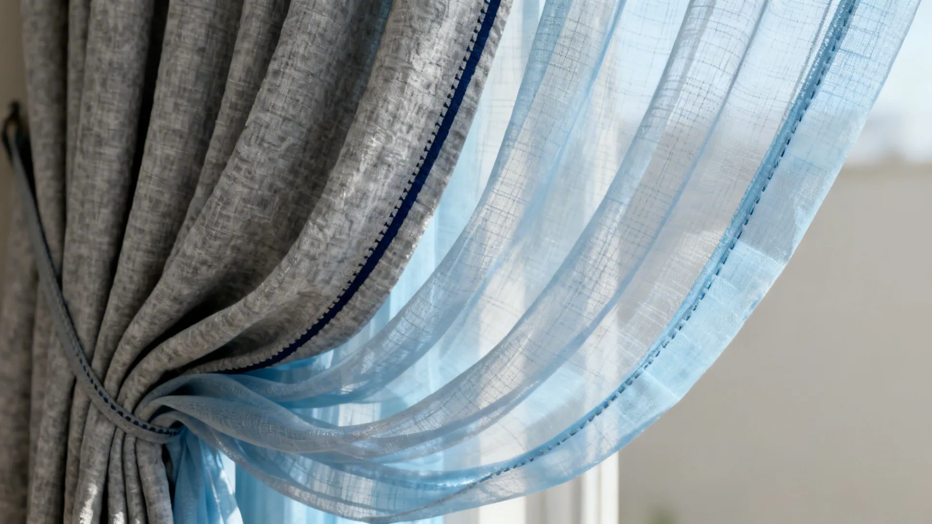 Close-up of pale-blue sheer layered with a textured mid-grey drape showing fabric weave