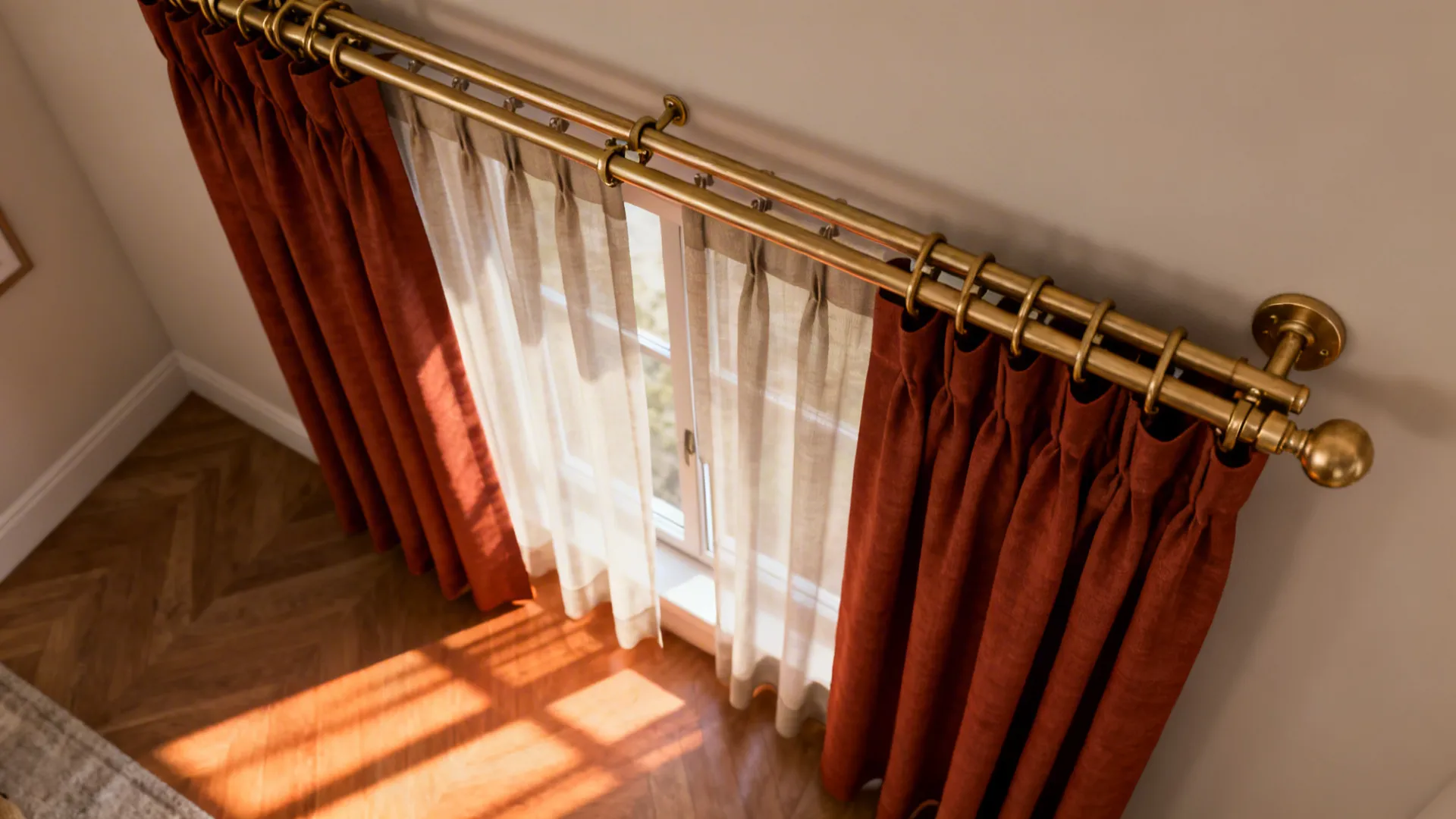 Top-down view of rust drapes layered with sheer neutral panels and brass double rod hardware.