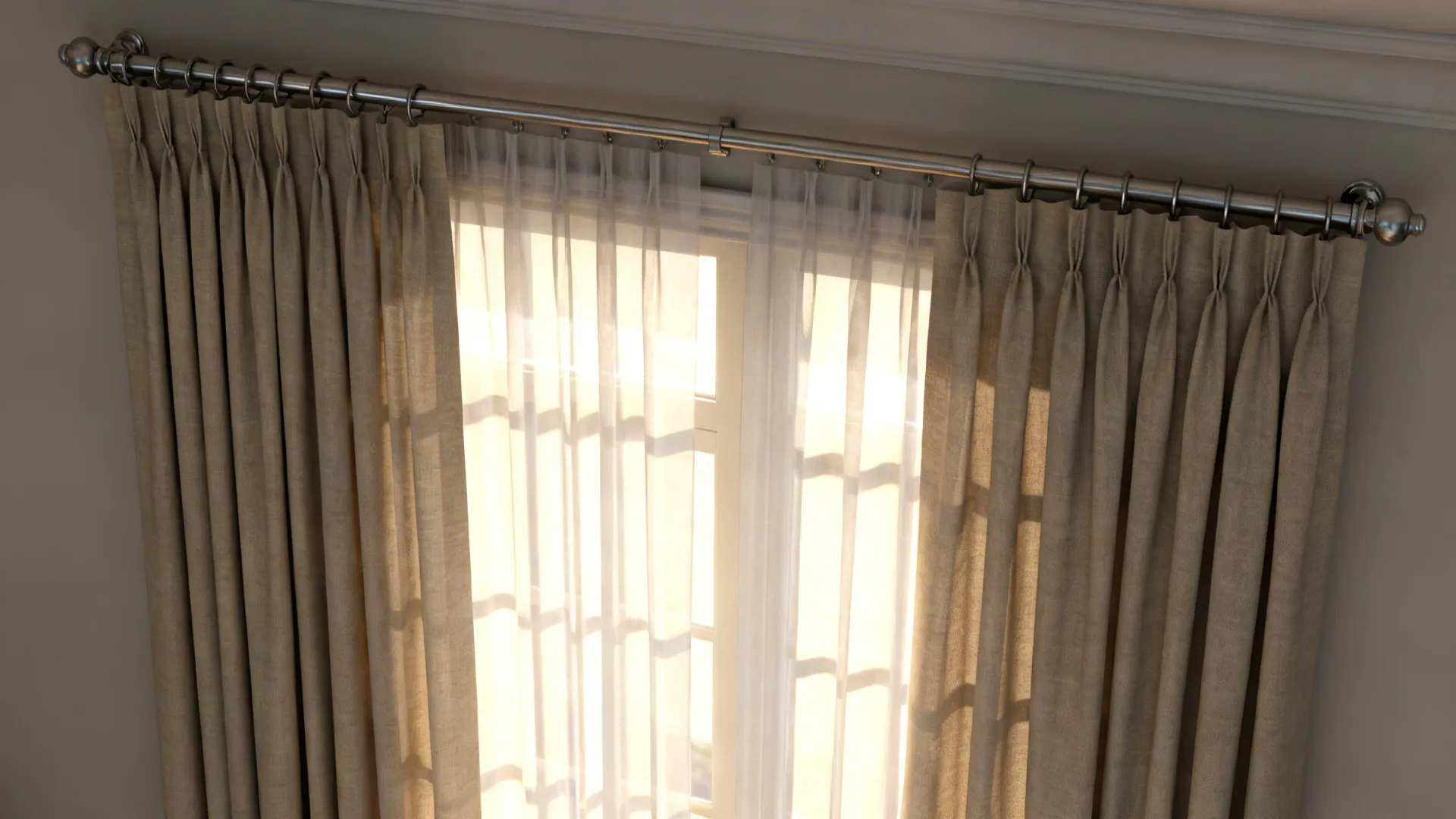 Double-rod installation with sheers layered under solid drapes demonstrating privacy and light control.